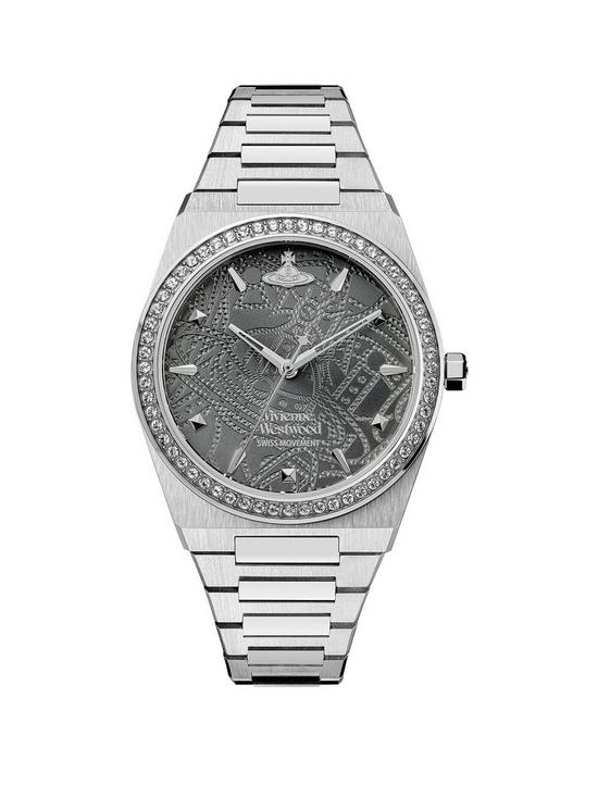 front image of vivienne-westwood-charterhouse-ladies-quartz-watch-with-grey-sunray-dial-stainless-silver-bracelet