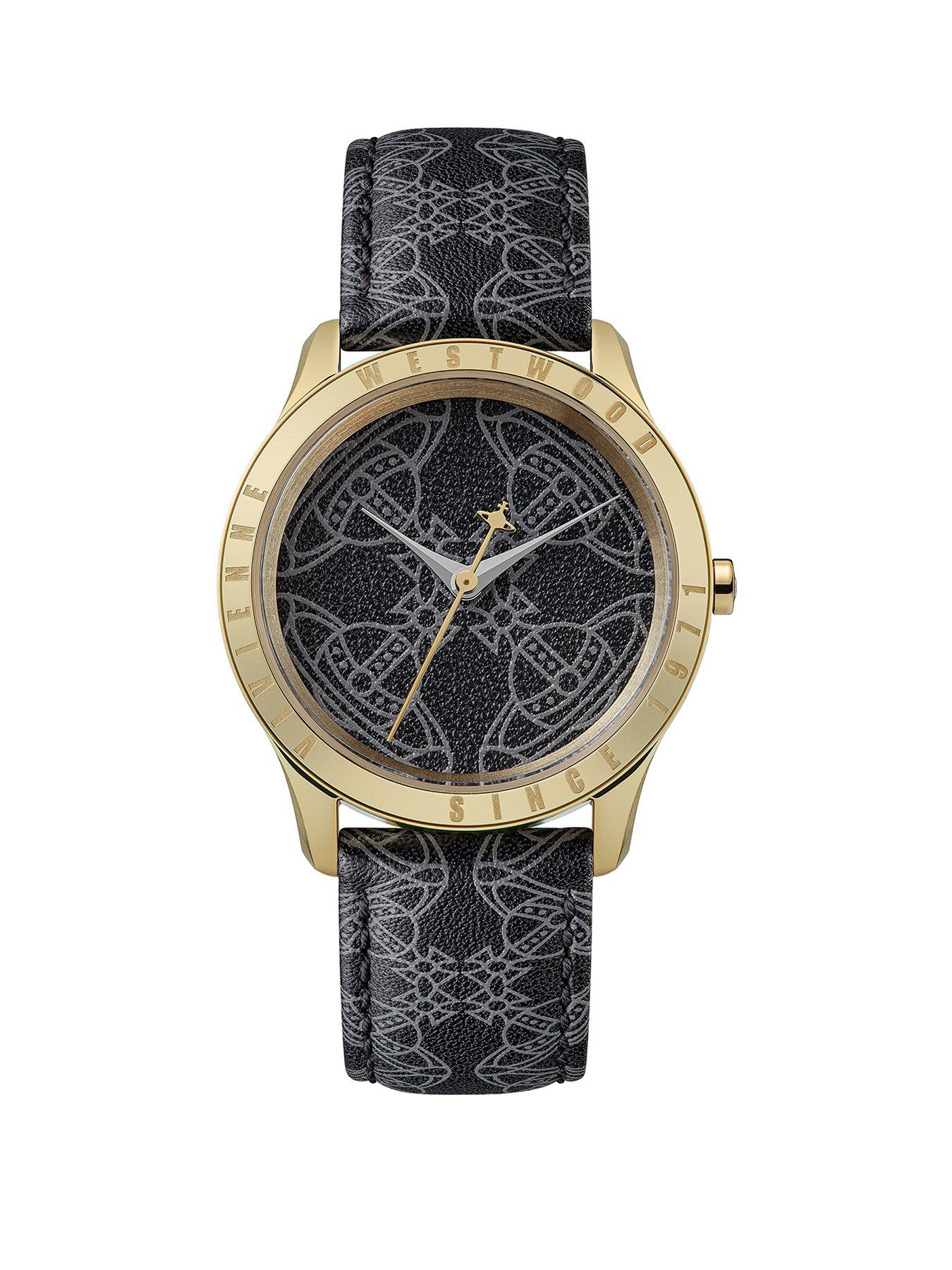 Product photograph of Vivienne Westwood Berkeley Ladies Quartz Watch With Black Dial Black Leather Strap from very.co.uk
