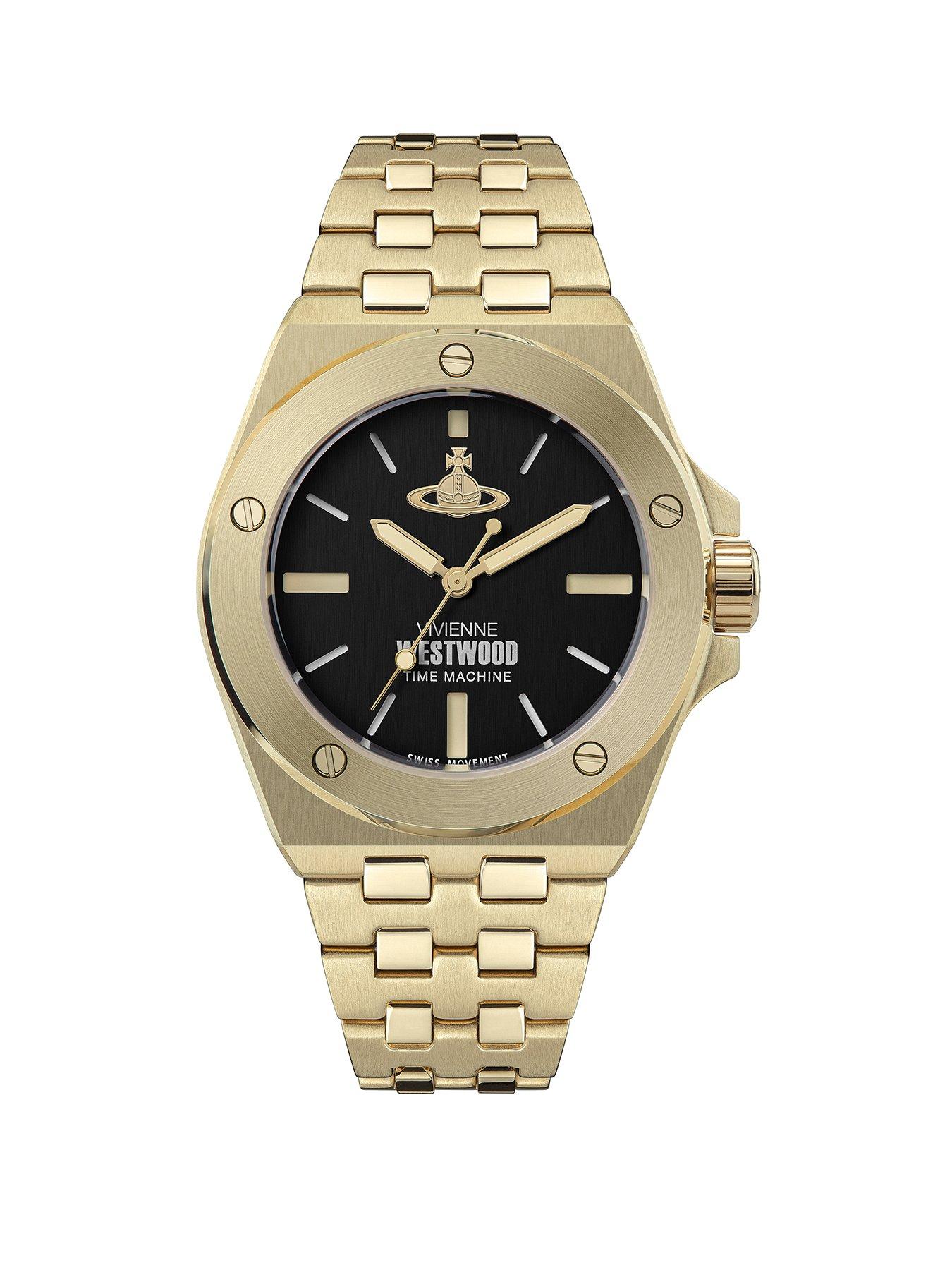 Product photograph of Vivienne Westwood Leamouth Unisex Quartz Watch With Black Dial Gold Stainless Steel Bracelet from very.co.uk