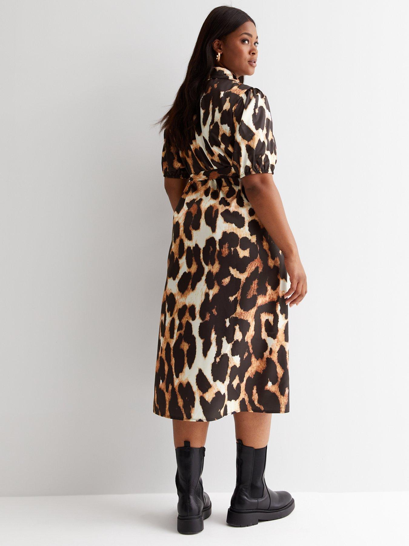 Curves Brown Leopard Print Short Puff Sleeve Midi Shirt Dress