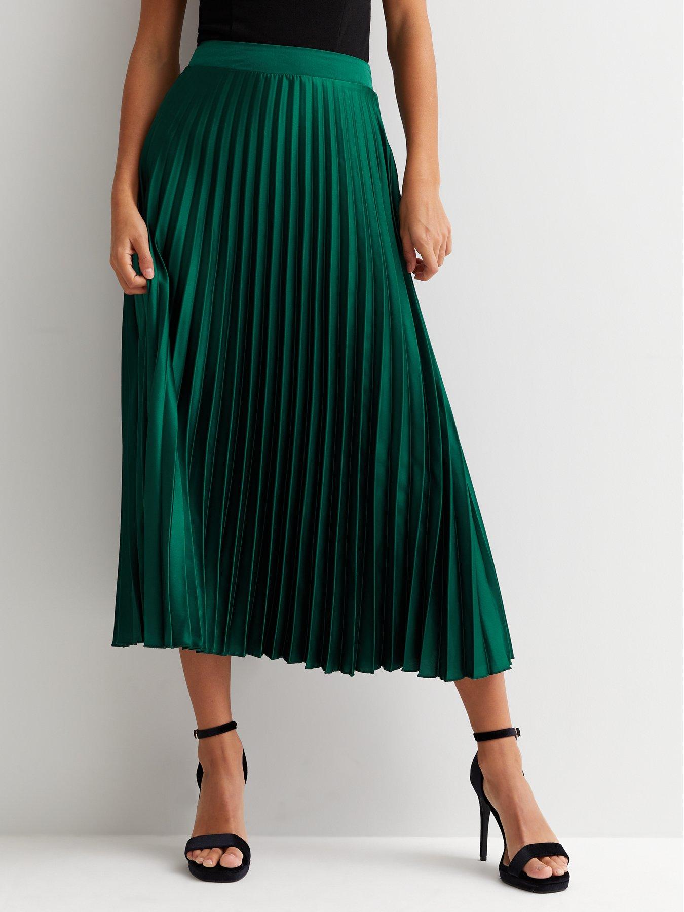 Dark Green Midi Pleated Skirt | tyello.com