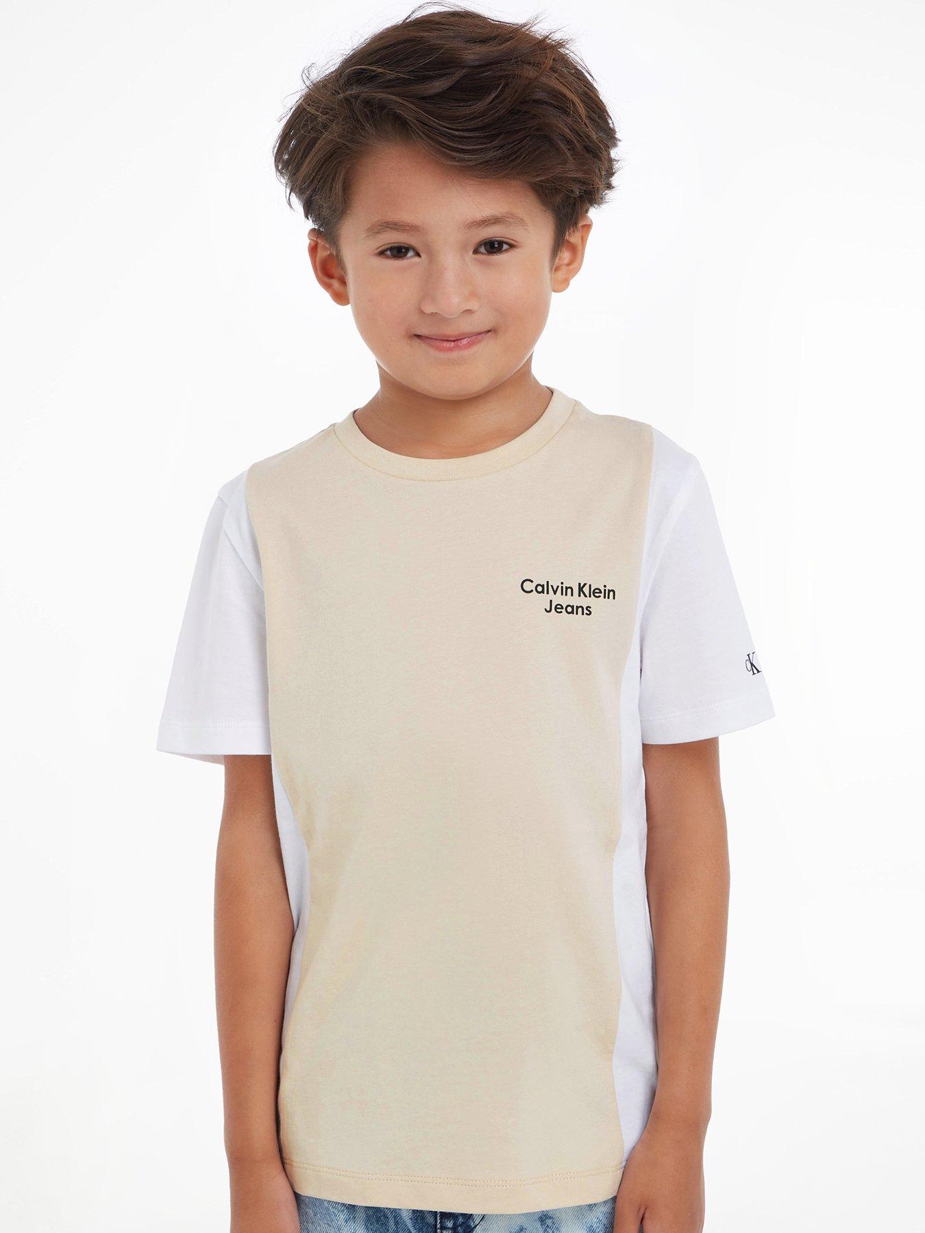 Calvin Klein Jeans Boys Colour Block Stack Logo Short Sleeve T-shirt -  Classic Beige 