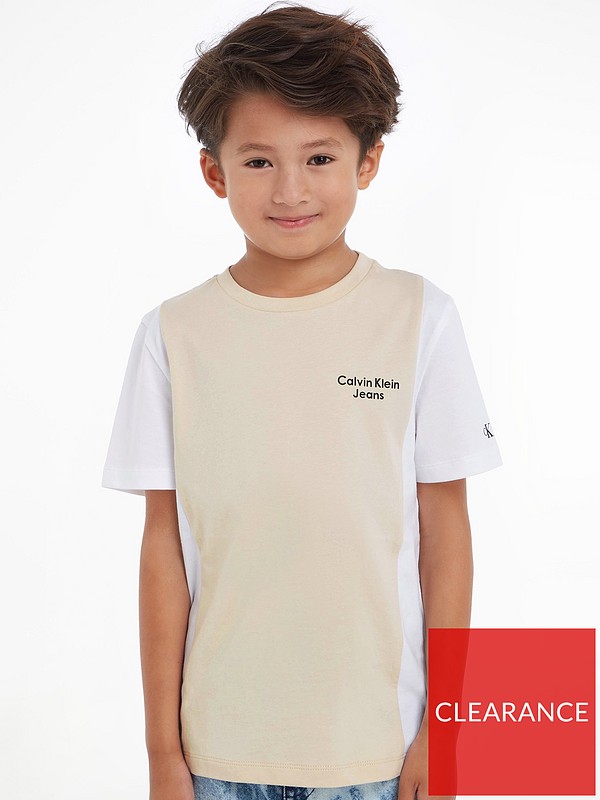 Calvin Klein Jeans Boys Colour Block Stack Logo Short Sleeve T-shirt -  Classic Beige 