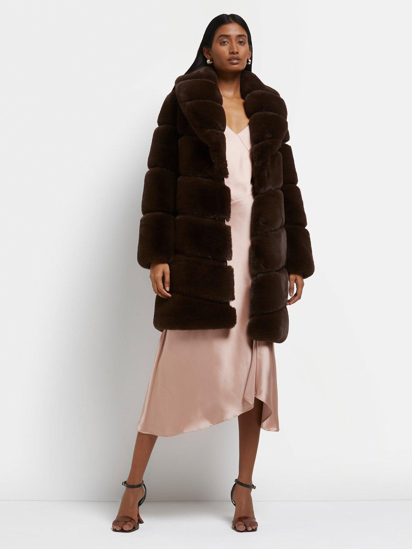River Island Faux Fur Panelled Coat - Brown | very.co.uk