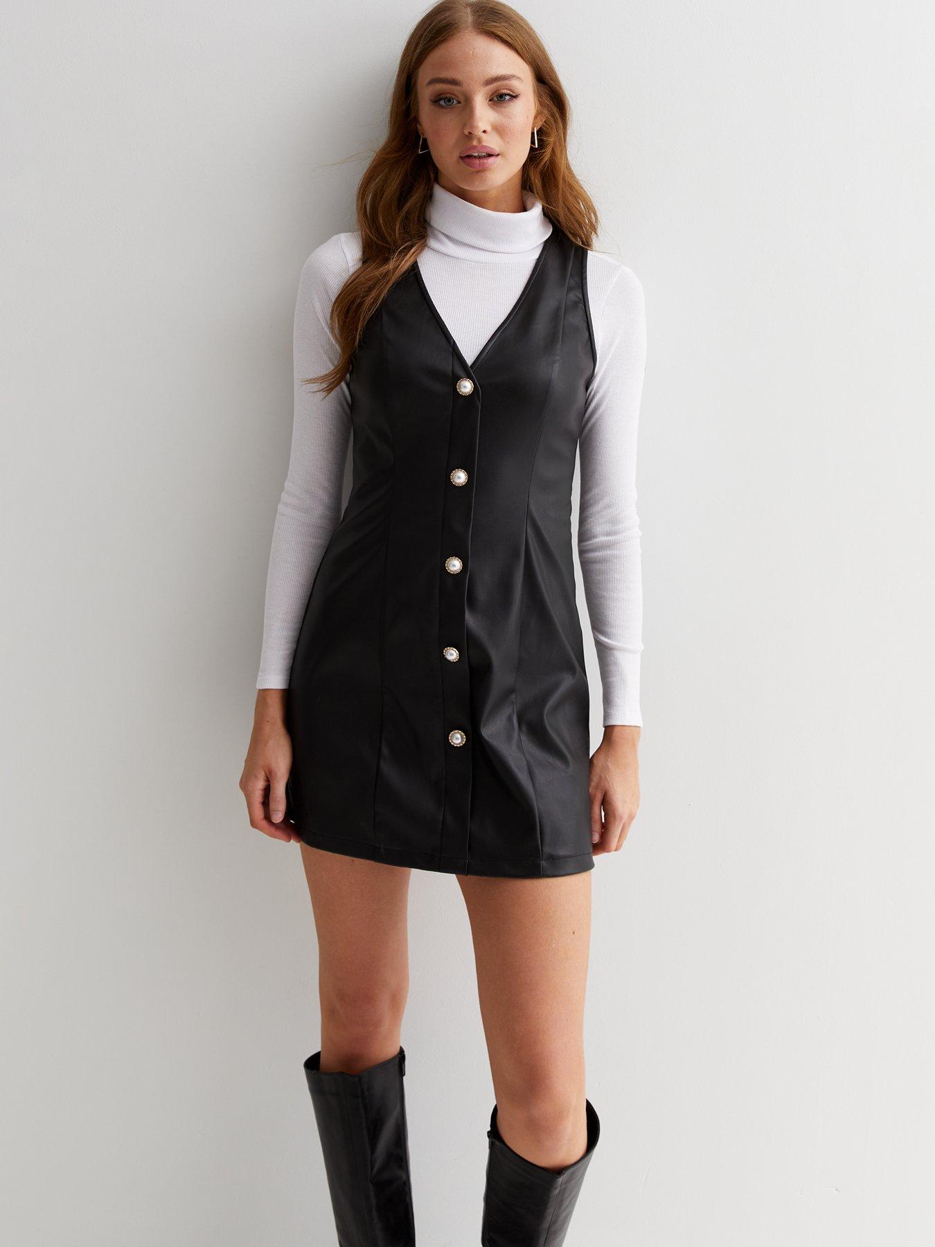 hyacinth house faux leather pinafore dress Tuckernuck Hyacinth House black button faux Leather Mini Pinafore Dress L-  New