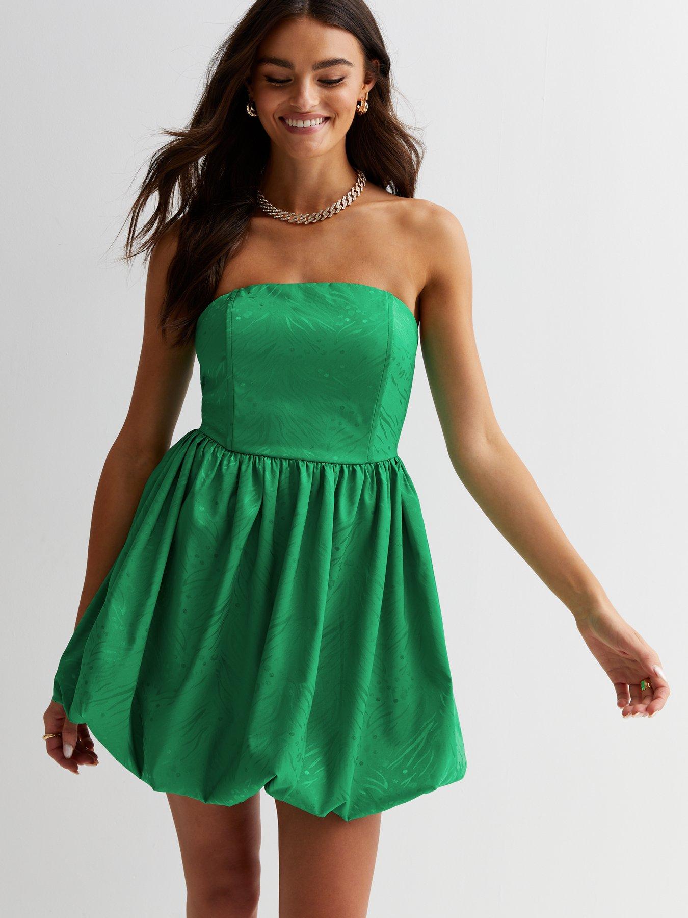New Look Green Satin Jacquard Bandeau Mini Puff Dress | very.co.uk