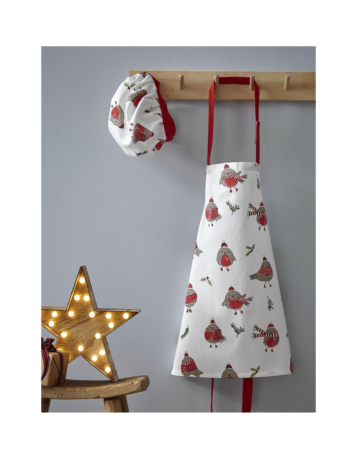 Product photograph of Catherine Lansfield Christmas Robins Kids Apron Amp Hat from very.co.uk