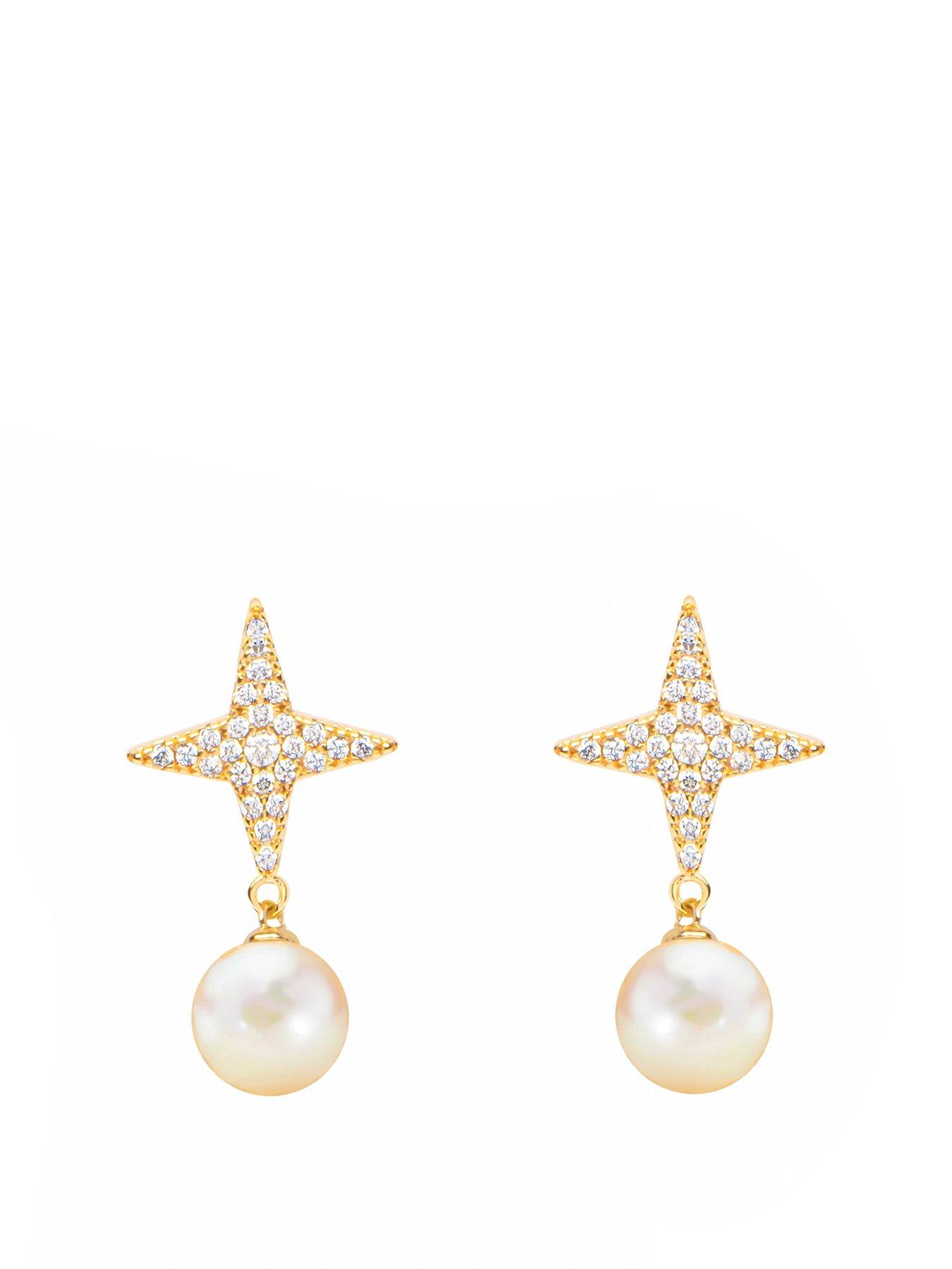 Product photograph of The Love Silver Collection 18ct Gold Plated Sterling Silver Star Cz Pearl Drop Earrings from very.co.uk