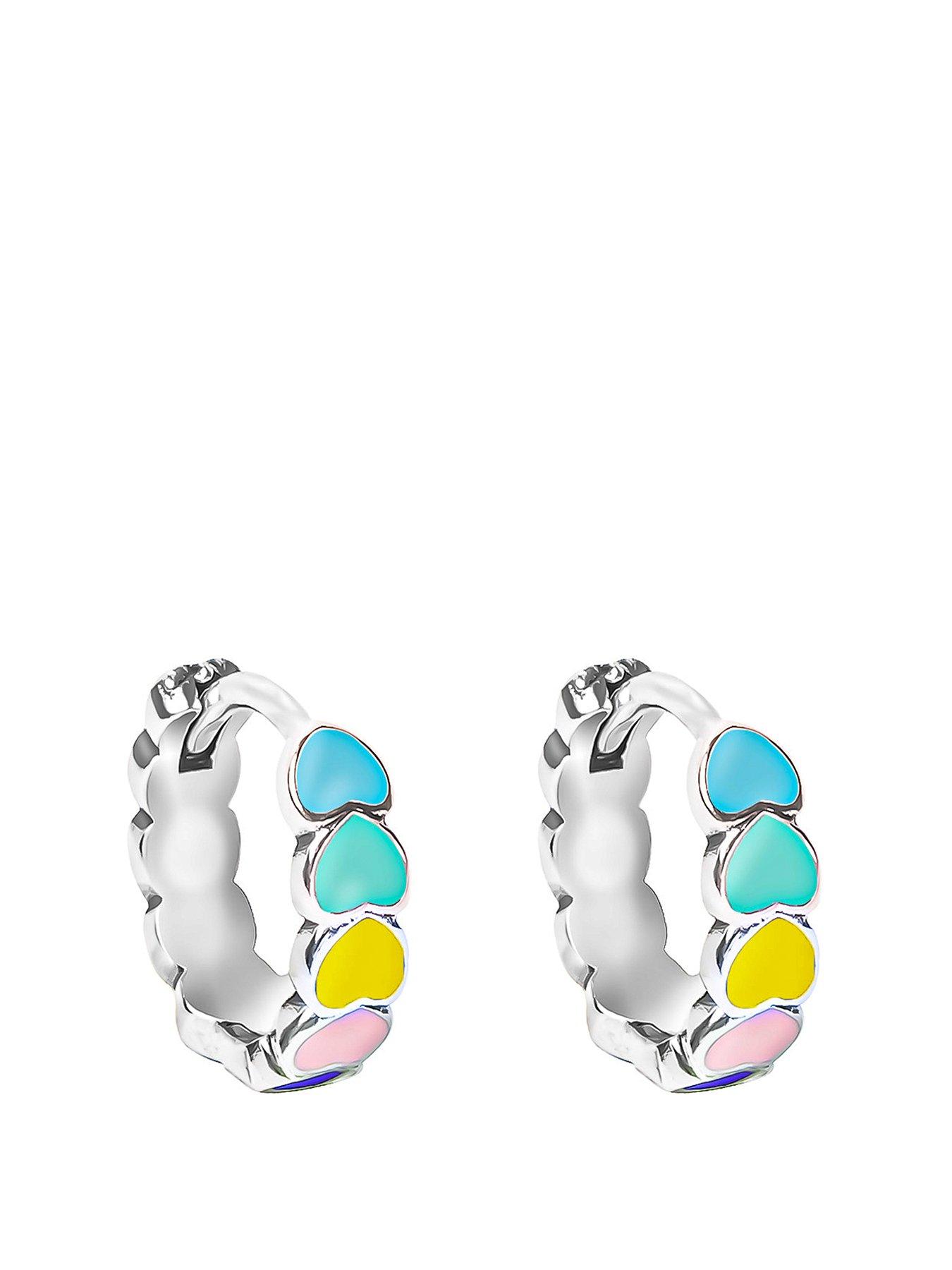 undefined Sterling Silver Multi-Heart Enamel Huggie Earrings