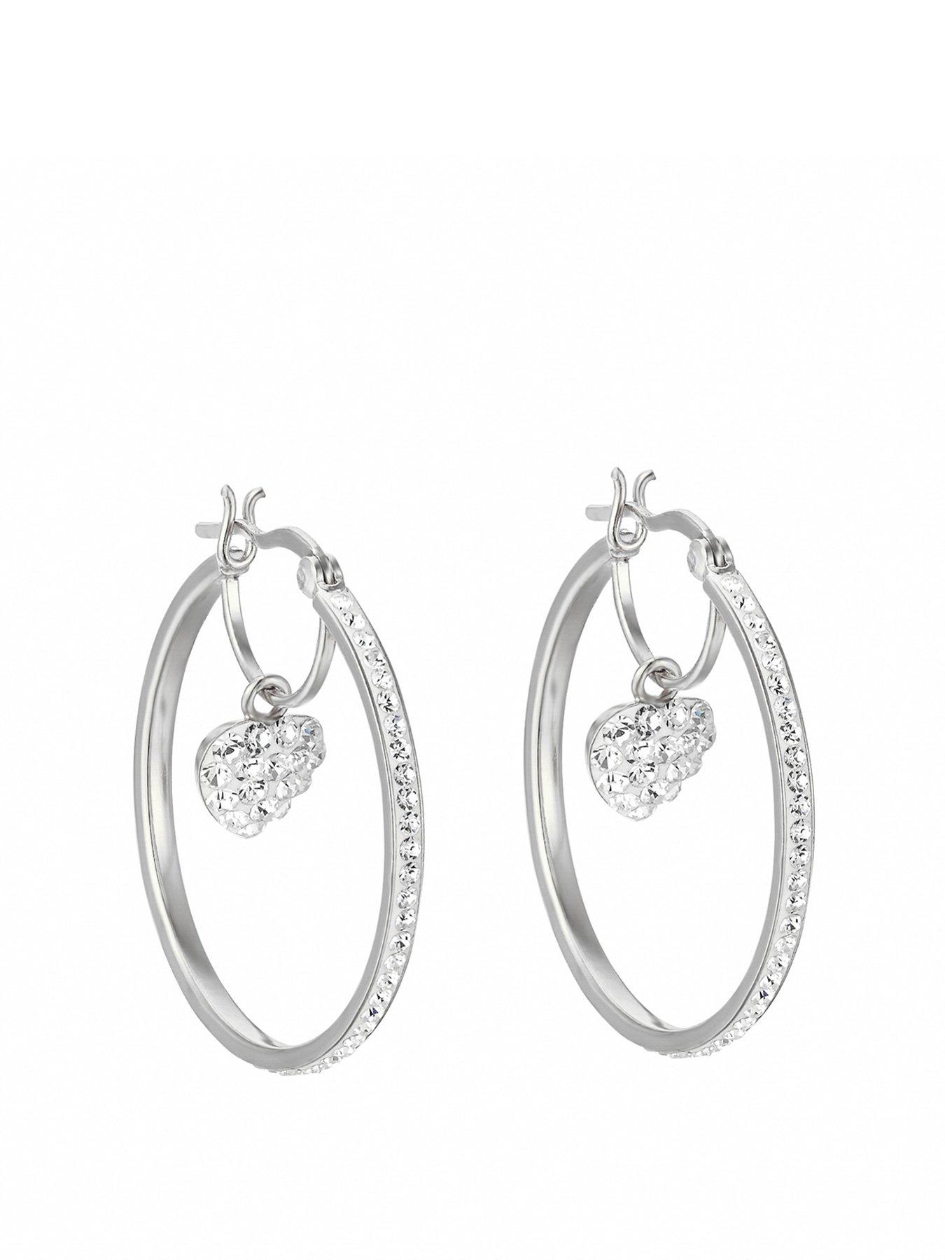 The Love Collection Sterling Silver 30mm Crystal Heart Charm Hoop Earrings