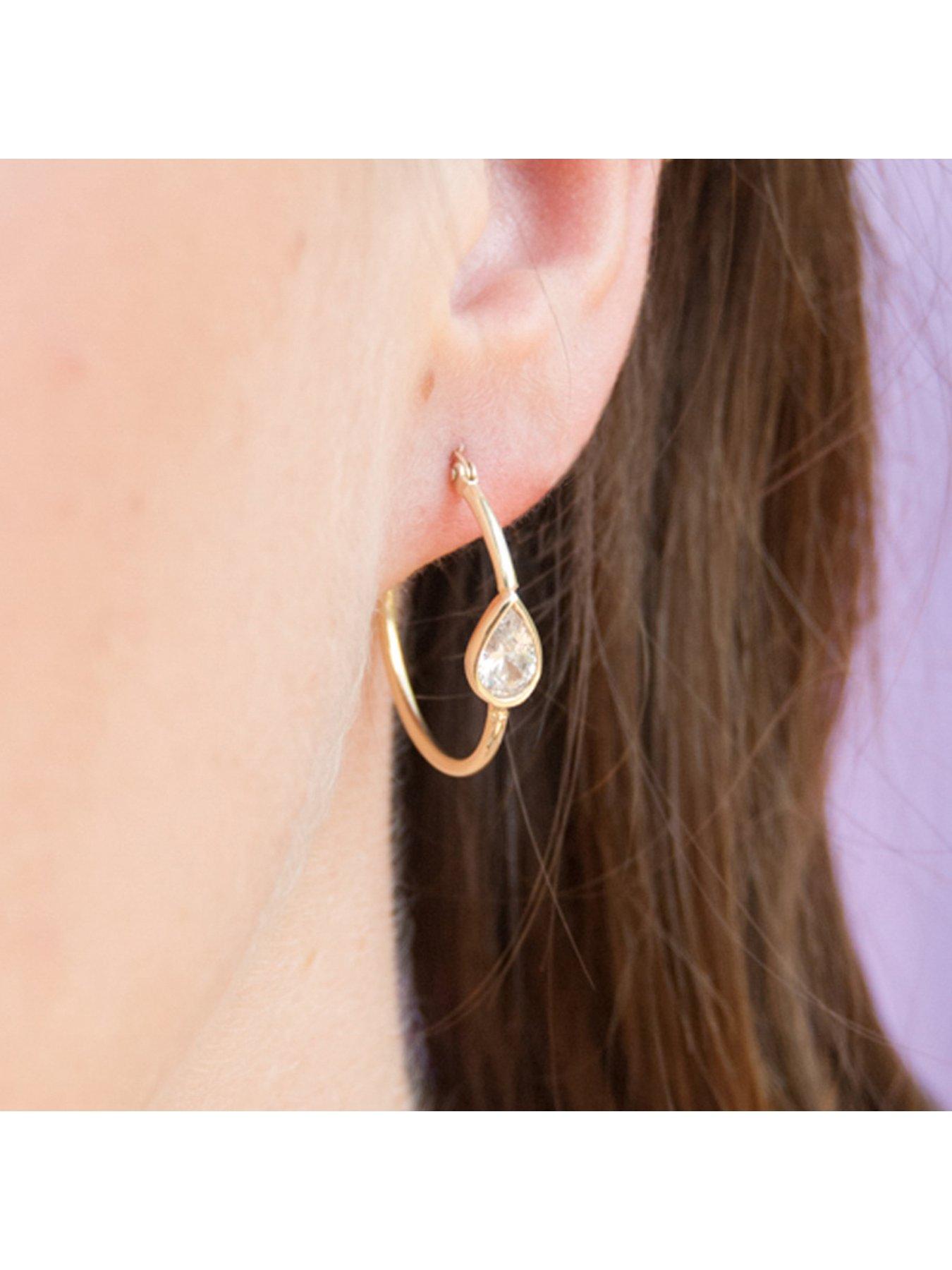 Image 2 of 4 of The Love Collection 18ct Gold Plated Sterling Silver Teardrop Bezel CZ Creole Hoop Earrings