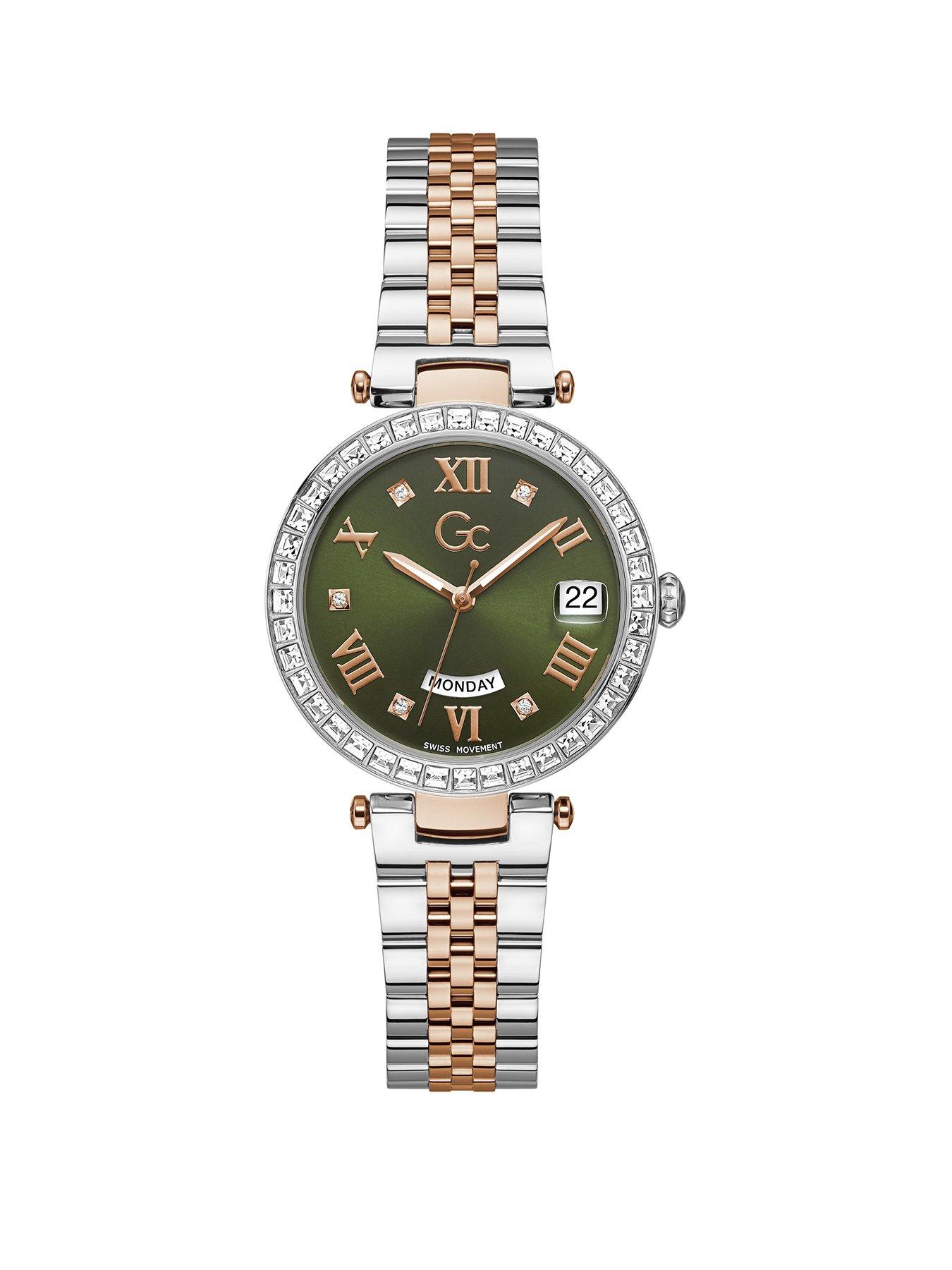 Product photograph of Gc Swiss Movement - Polished Silver Amp Rose Gold Pvd Case W Crystals Amp Bracelet - Green Dial - Day-date - Oslash 34mm - Sapphire Coated Mineral Glass from very.co.uk