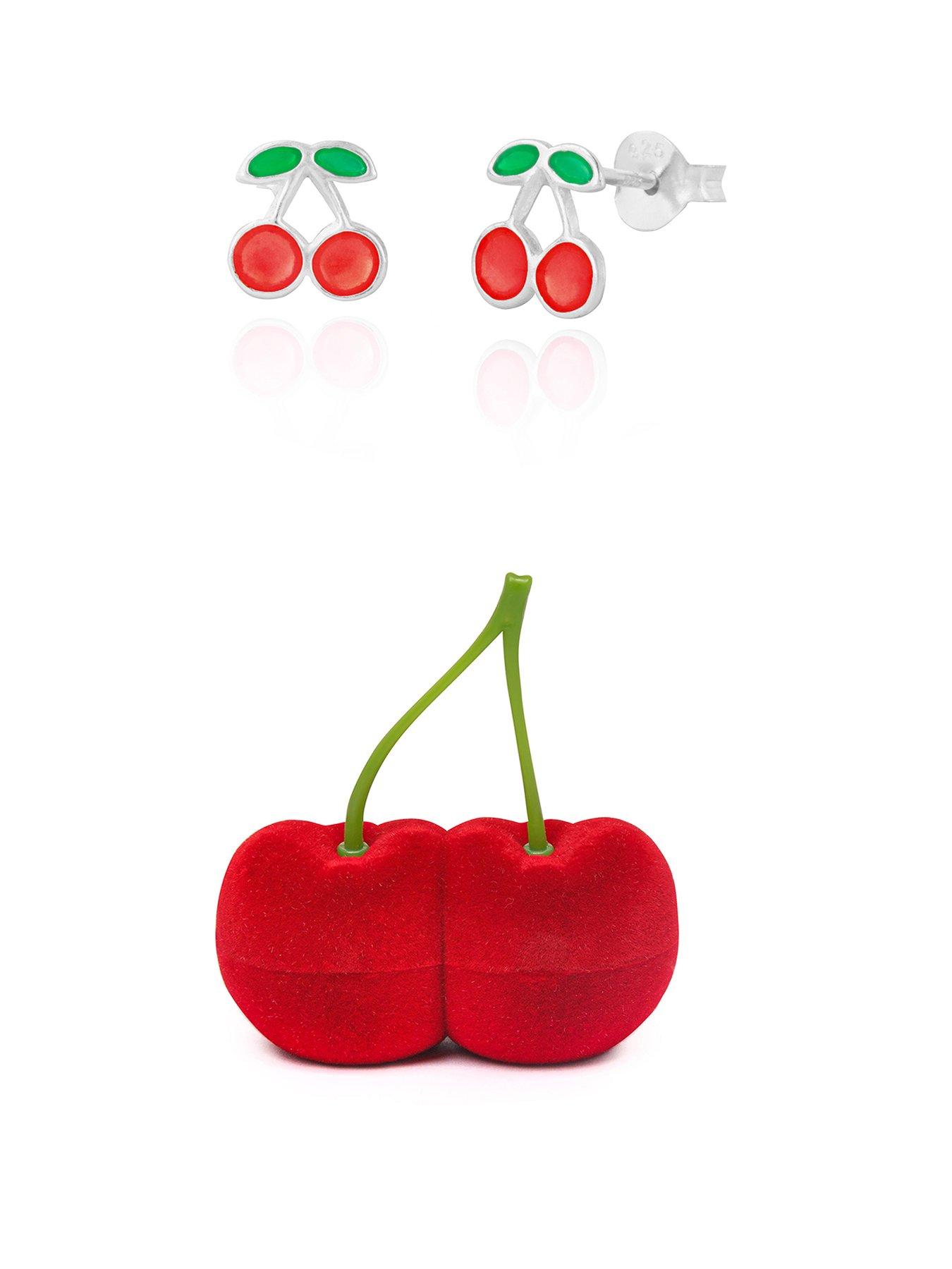 undefined Sterling Silver Enamelled Cherry Stud Earrings with a Novelty Gift Box
