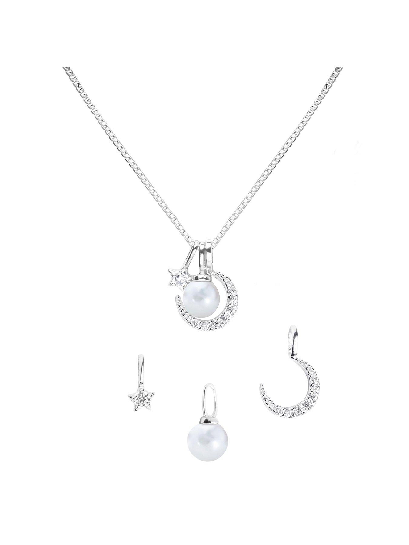 undefined Sterling Silver Pearl, Moon and Star Cubic Zirconia Adjustable Box Chain Necklace