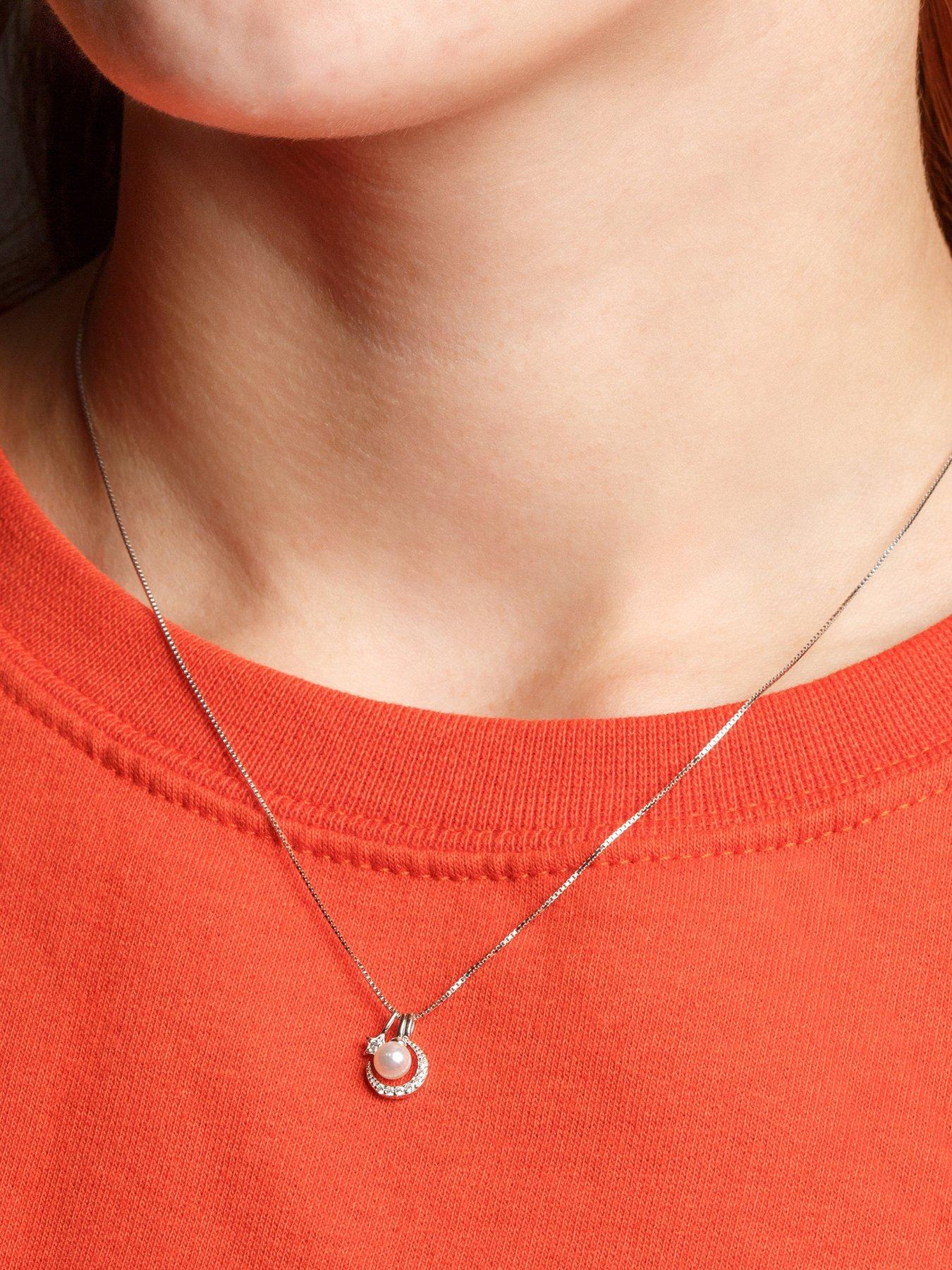 Image 2 of 8 of The Love Collection Sterling Silver Pearl, Moon and Star Cubic Zirconia Adjustable Box Chain Necklace