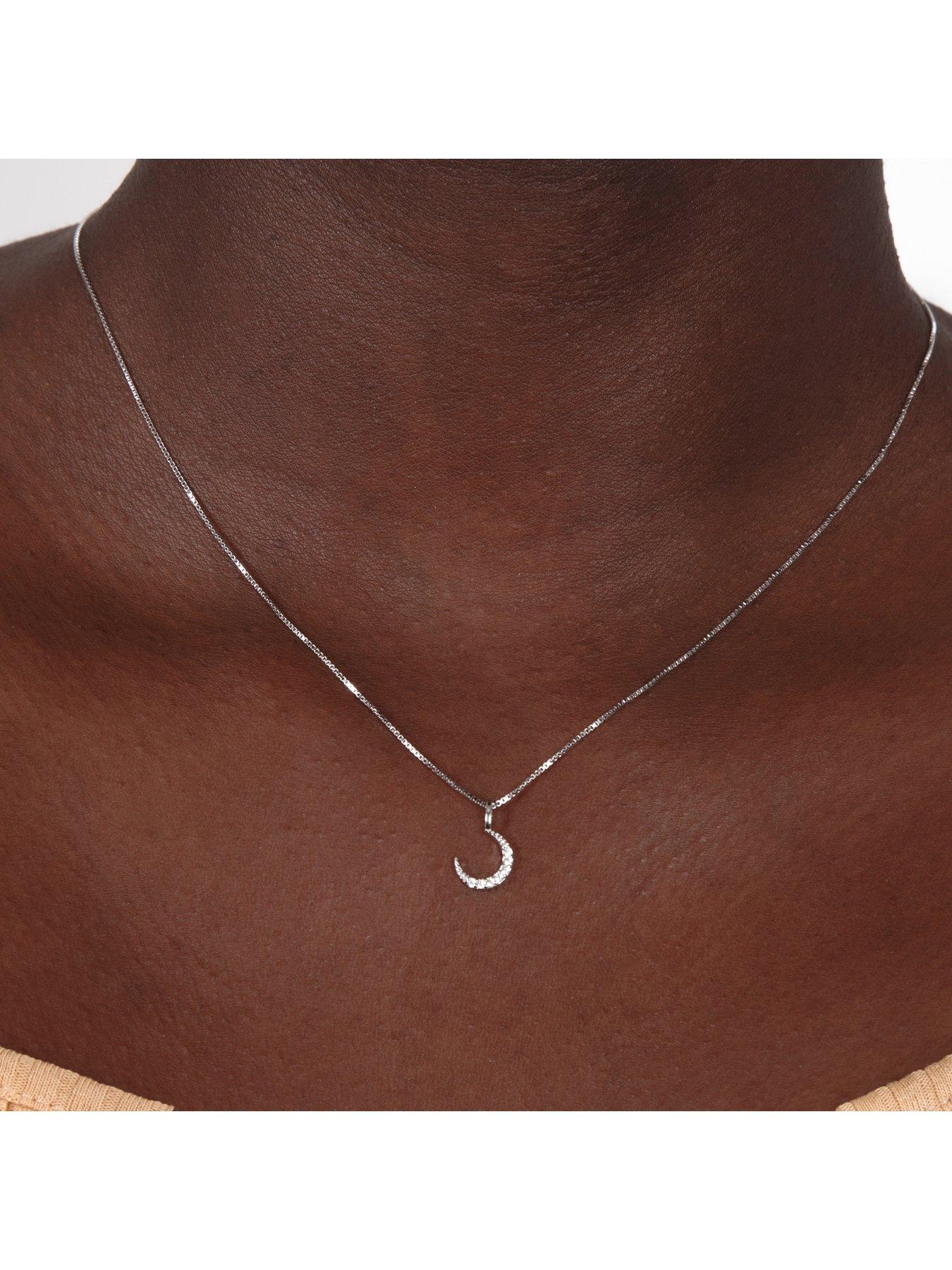 Image 4 of 8 of The Love Collection Sterling Silver Pearl, Moon and Star Cubic Zirconia Adjustable Box Chain Necklace