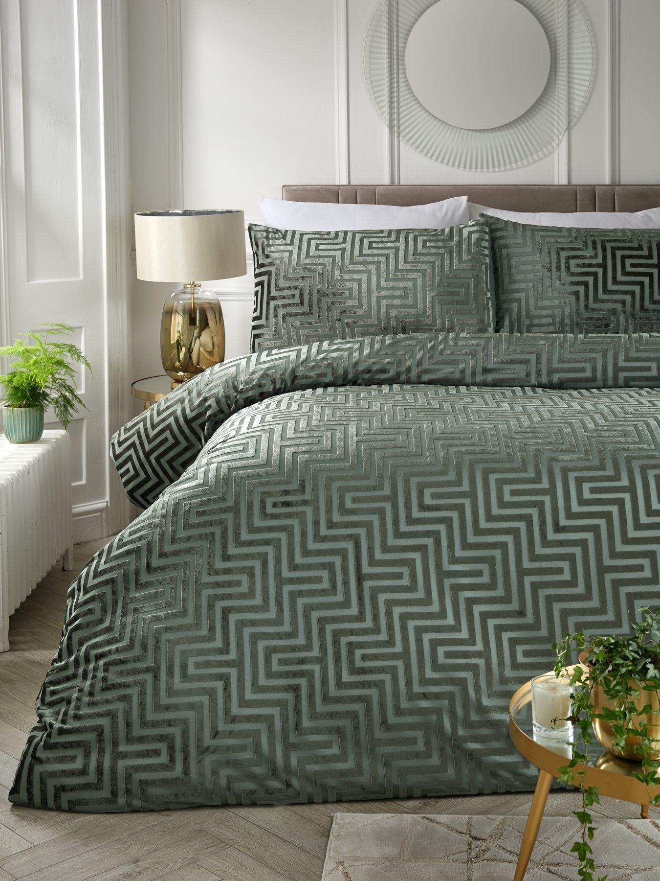 Product photograph of Luxe Cut Greek Key Duvet Cover Set In Green from very.co.uk