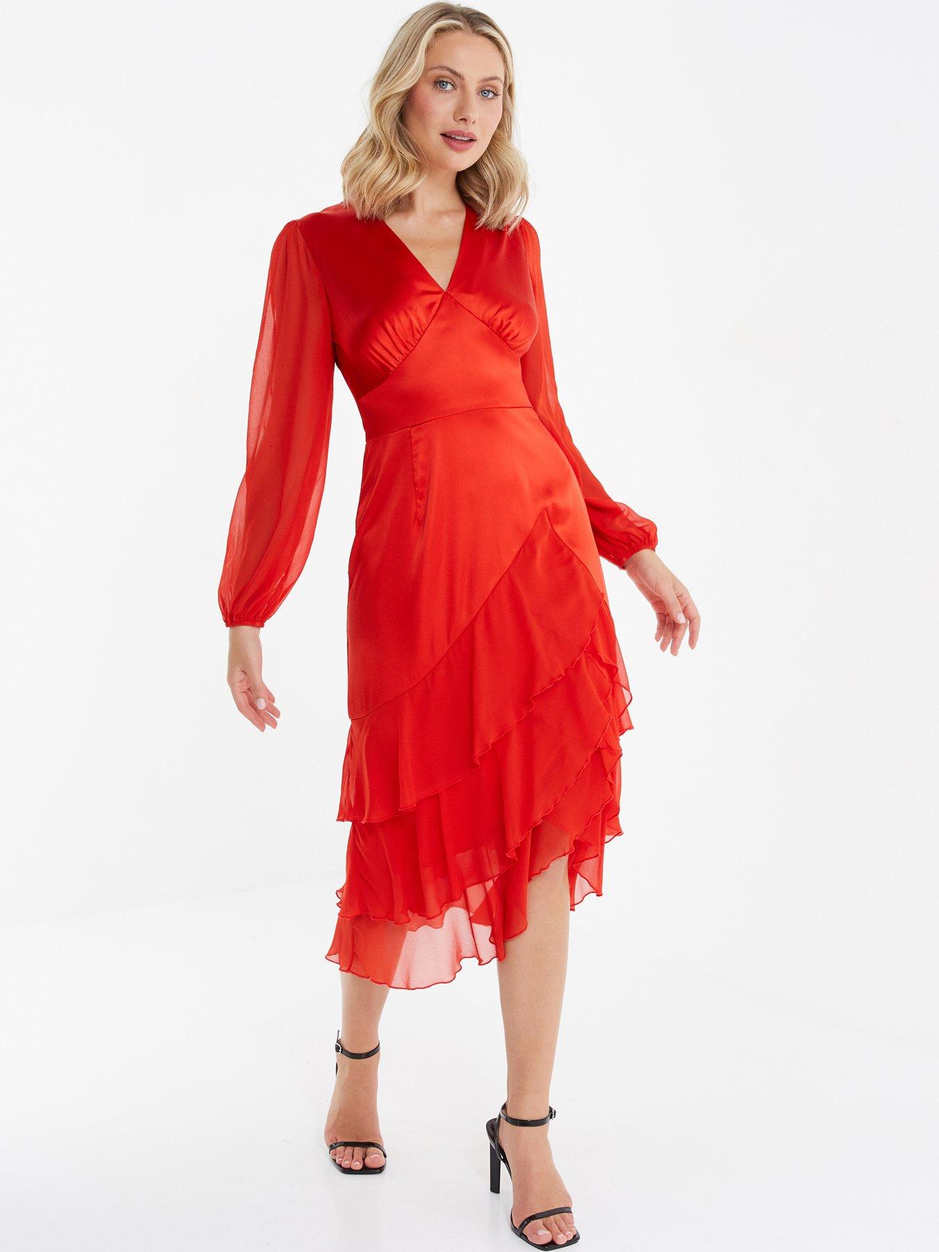 Image 1 of 6 of Quiz Satin Frill Midi Dress - Orange