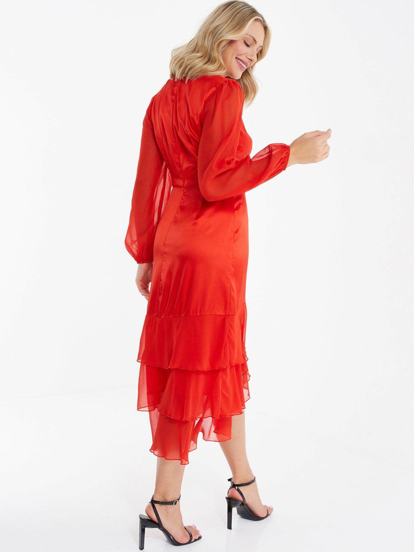 Image 2 of 6 of Quiz Satin Frill Midi Dress - Orange