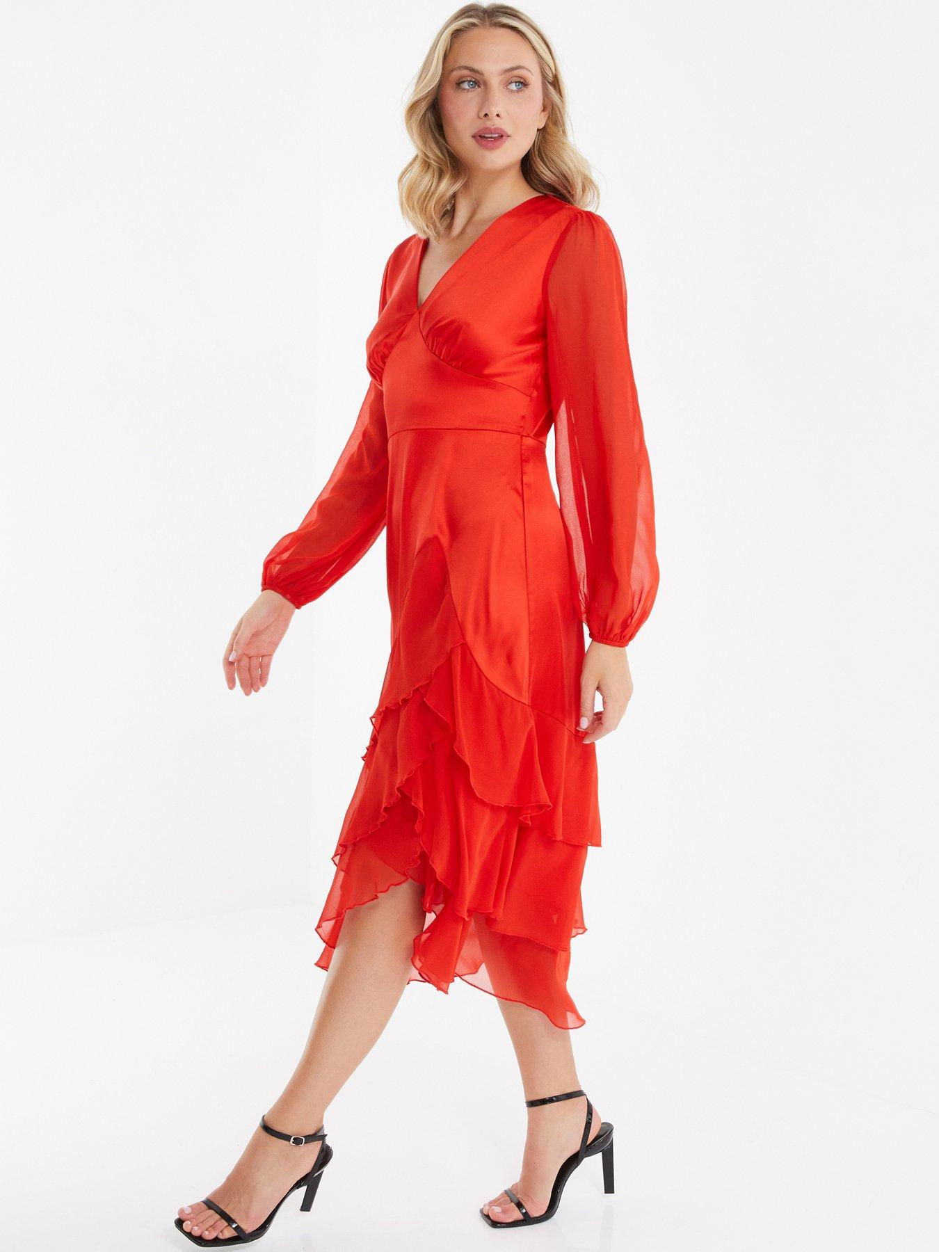 Image 3 of 6 of Quiz Satin Frill Midi Dress - Orange