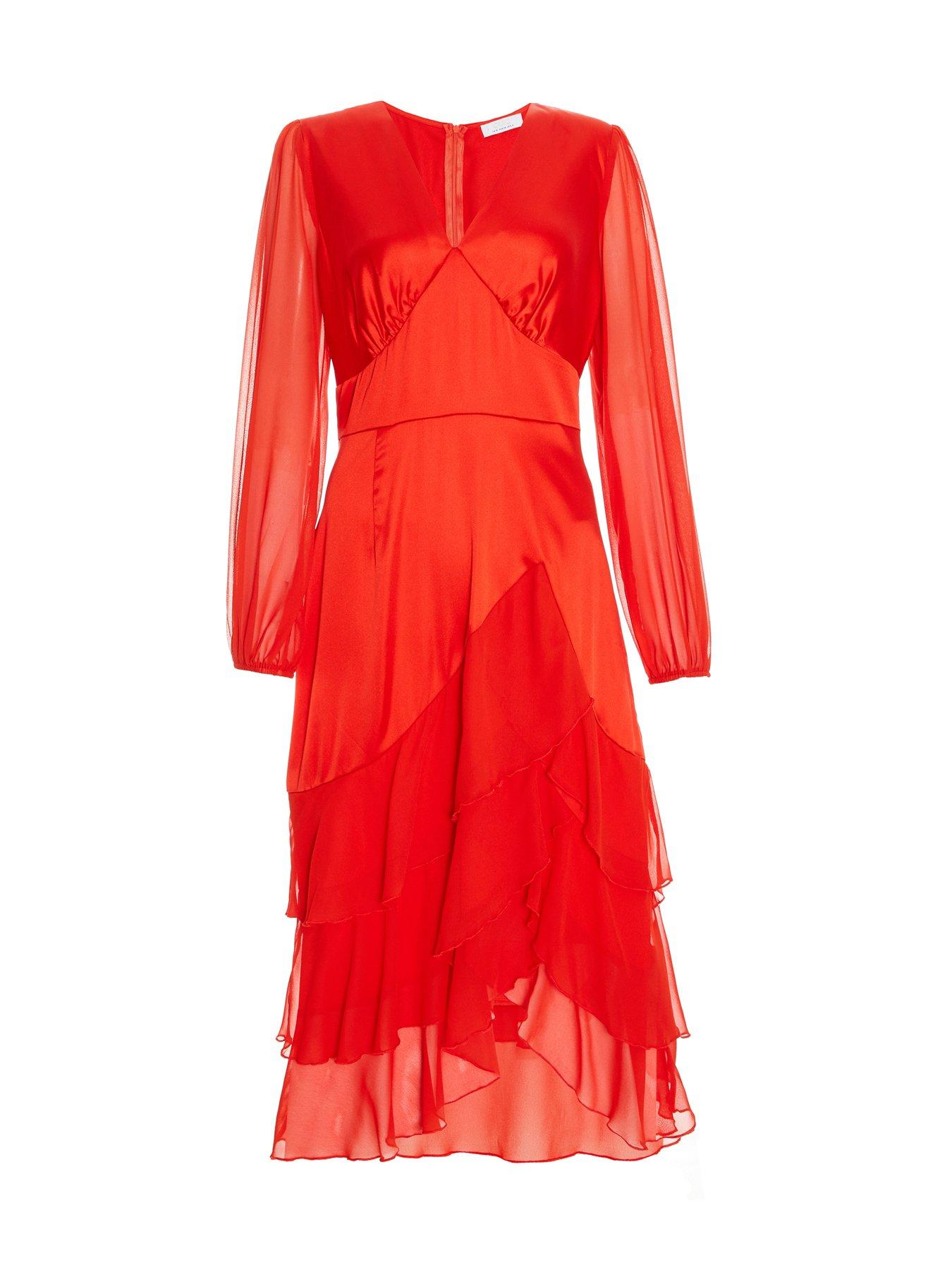 Image 4 of 6 of Quiz Satin Frill Midi Dress - Orange