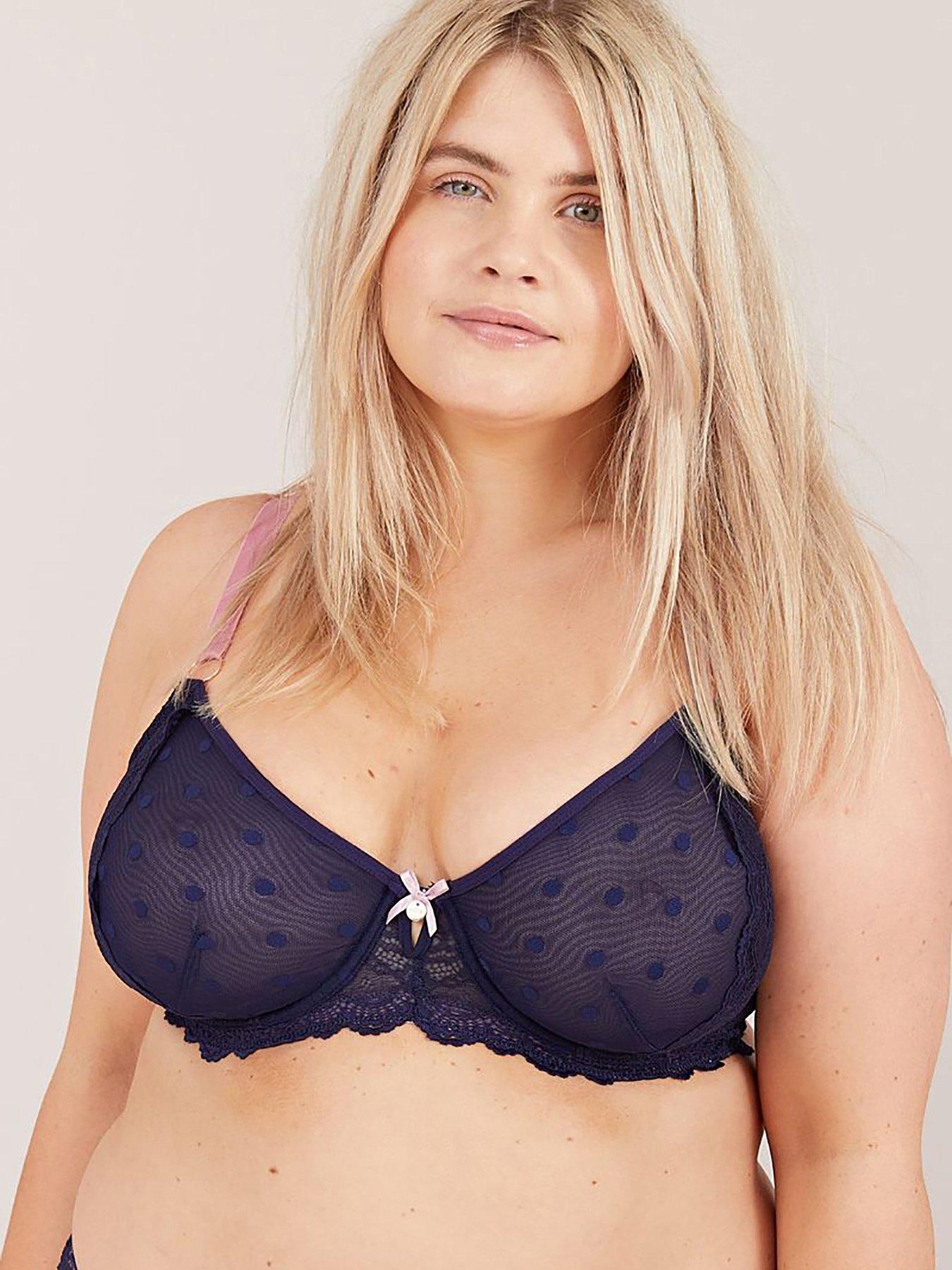undefined Spot And Lace Underwired Bra - Navy