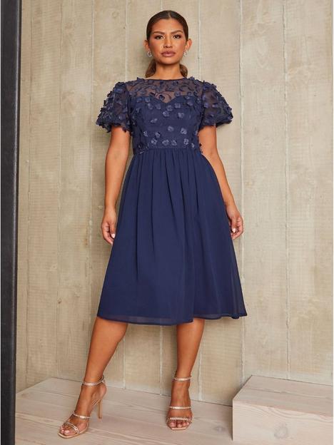 chi-chi-london-puff-sleeve-3d-lace-midi-dress-in-navy