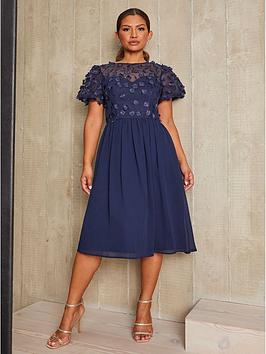 Chi Chi London Puff Sleeve 3D Lace Midi Dress In Navy