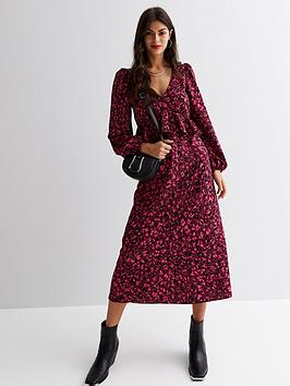 New Look Pink Leopard Print V Neck Ruffle Long Sleeve Midi Dress