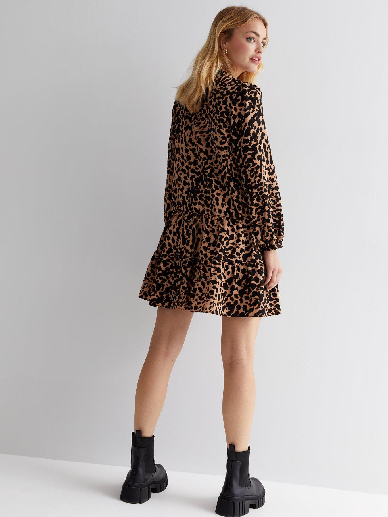 Brown Leopard Print Button Front Tiered Long Sleeve Mini Dress