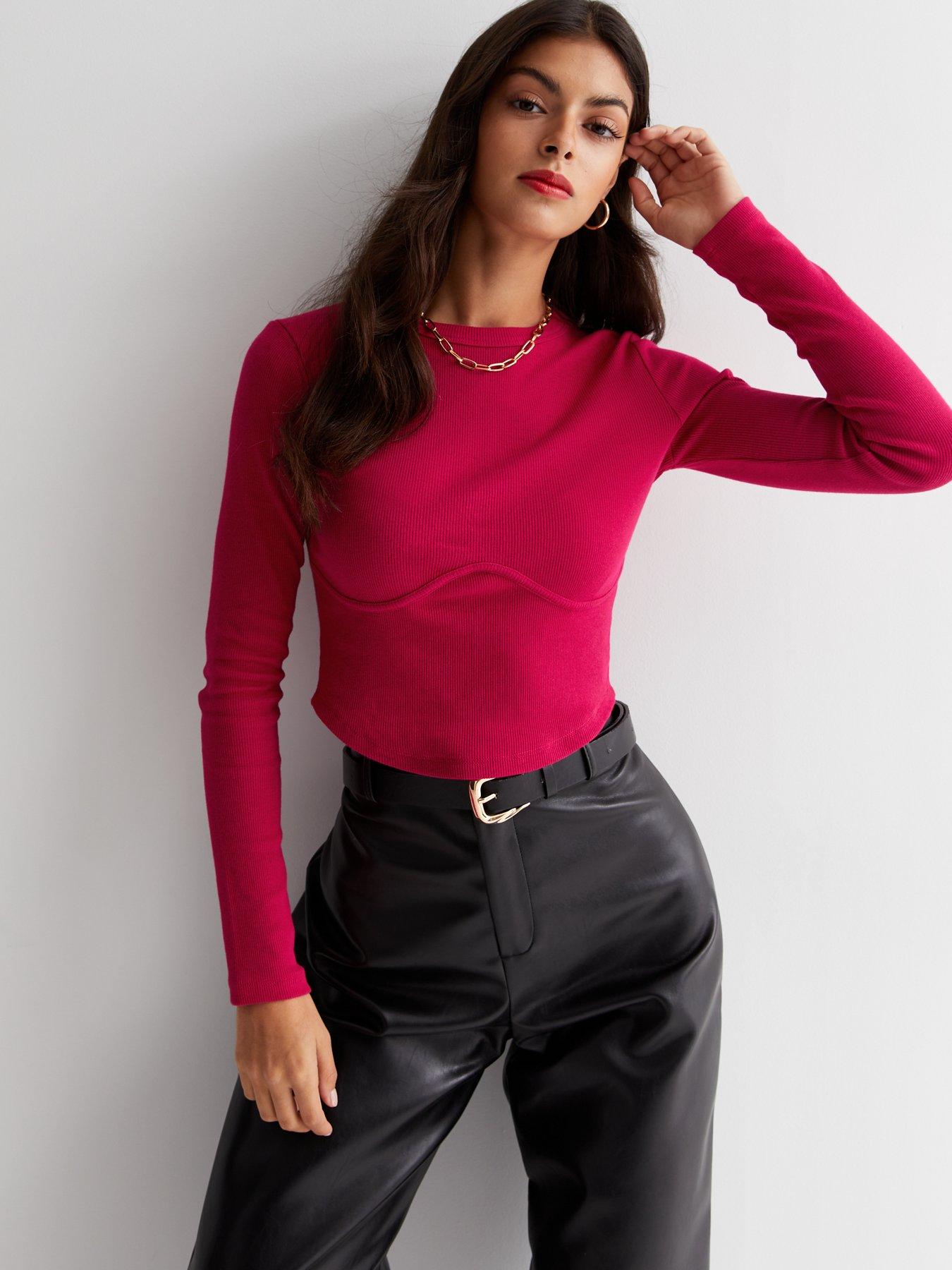 New Look Bright Pink Corset Bust Seamed Long Sleeve Top