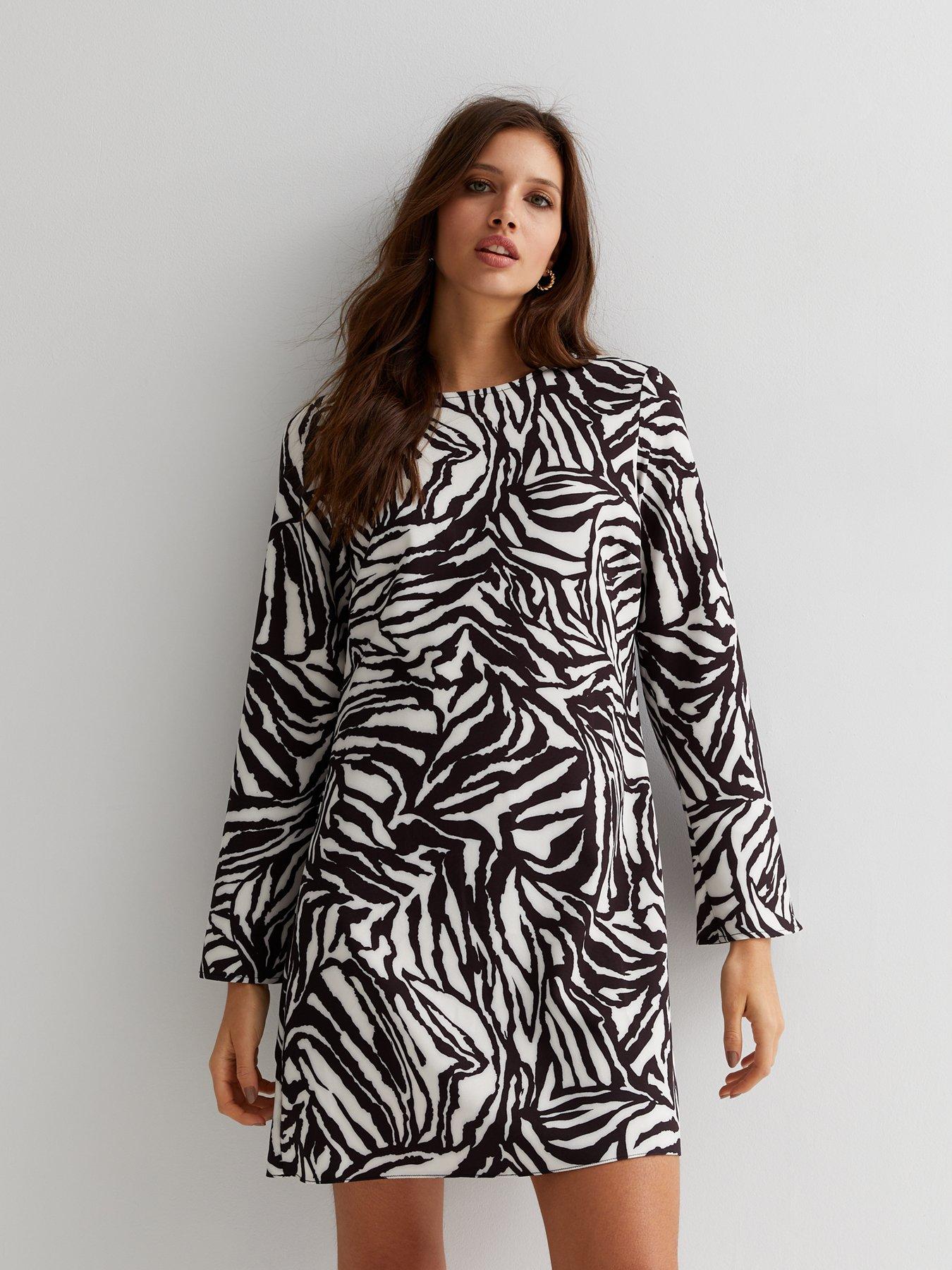 New Look Black Zebra Print Round Neck Flare Sleeve Mini Dress