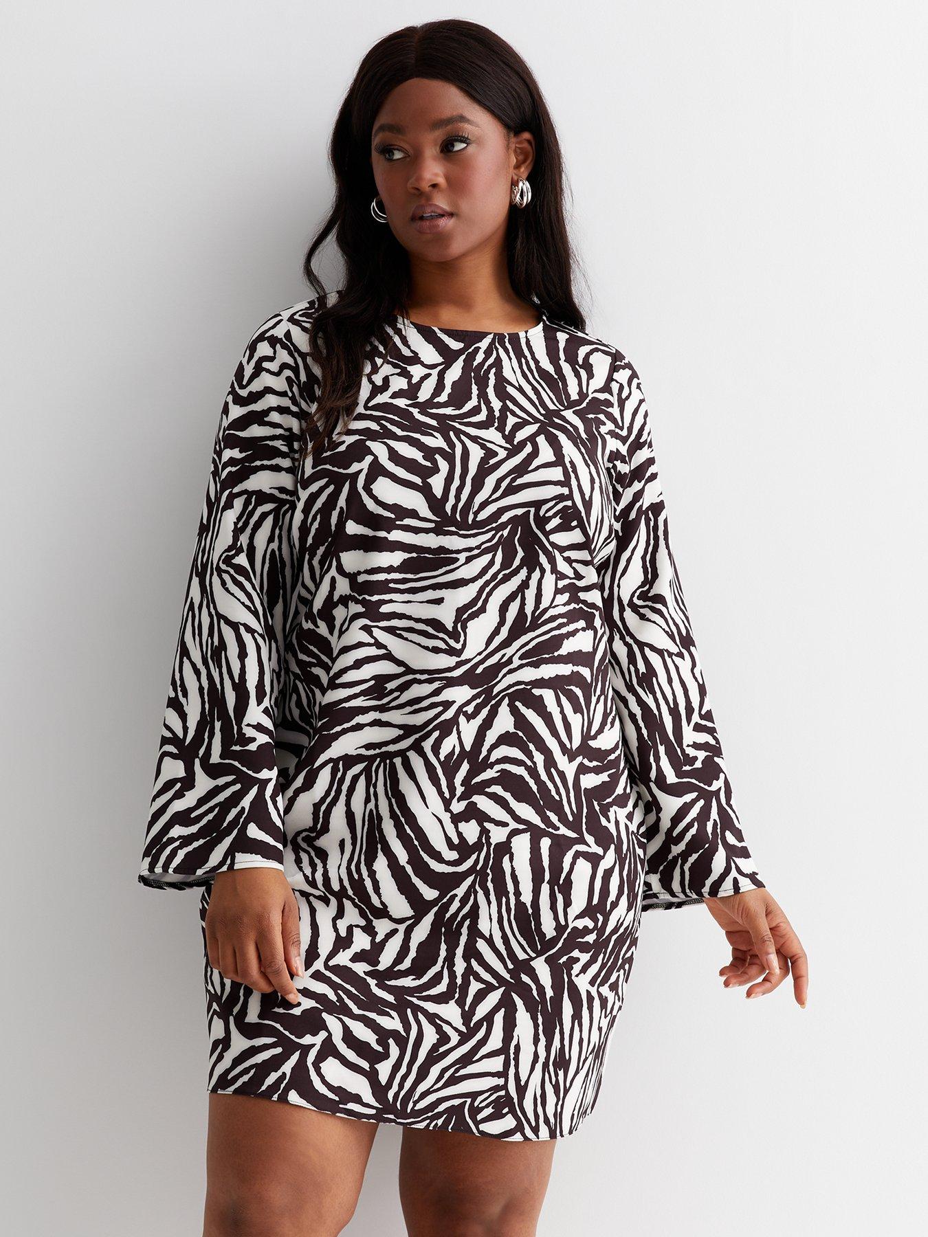 New Look Curves Black Zebra Print Crew Neck Long Flared Sleeve Mini Dress Very