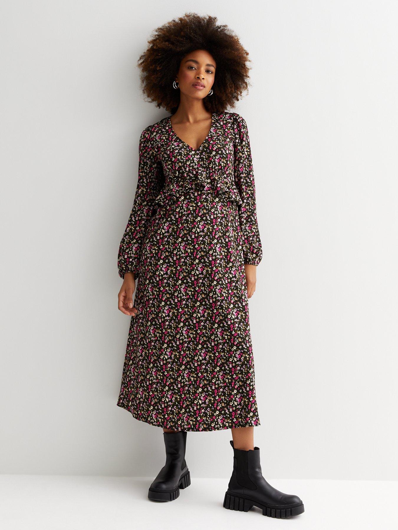 New Look Ditsy Floral V Neck Long Sleeve Ruffle Midi Dress Black