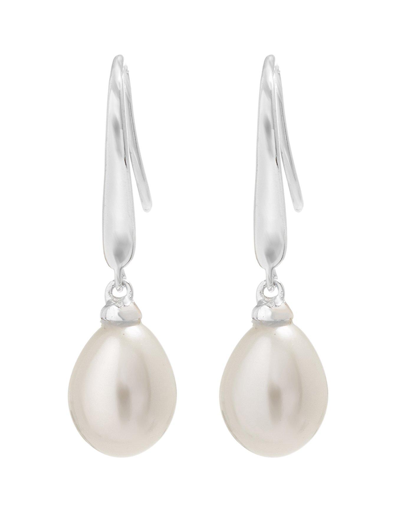 undefined Sterling Silver 925 Freshwater Pearl Cubic Zirconia Sleek Drop Earrings