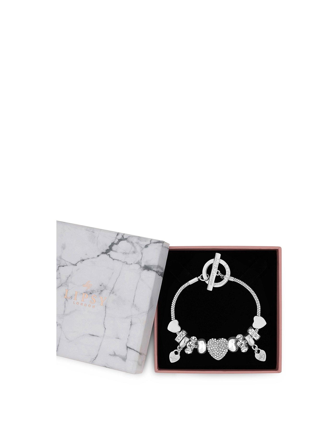 Silver Pave Crystal Heart Charm Bracelet Gift Boxed