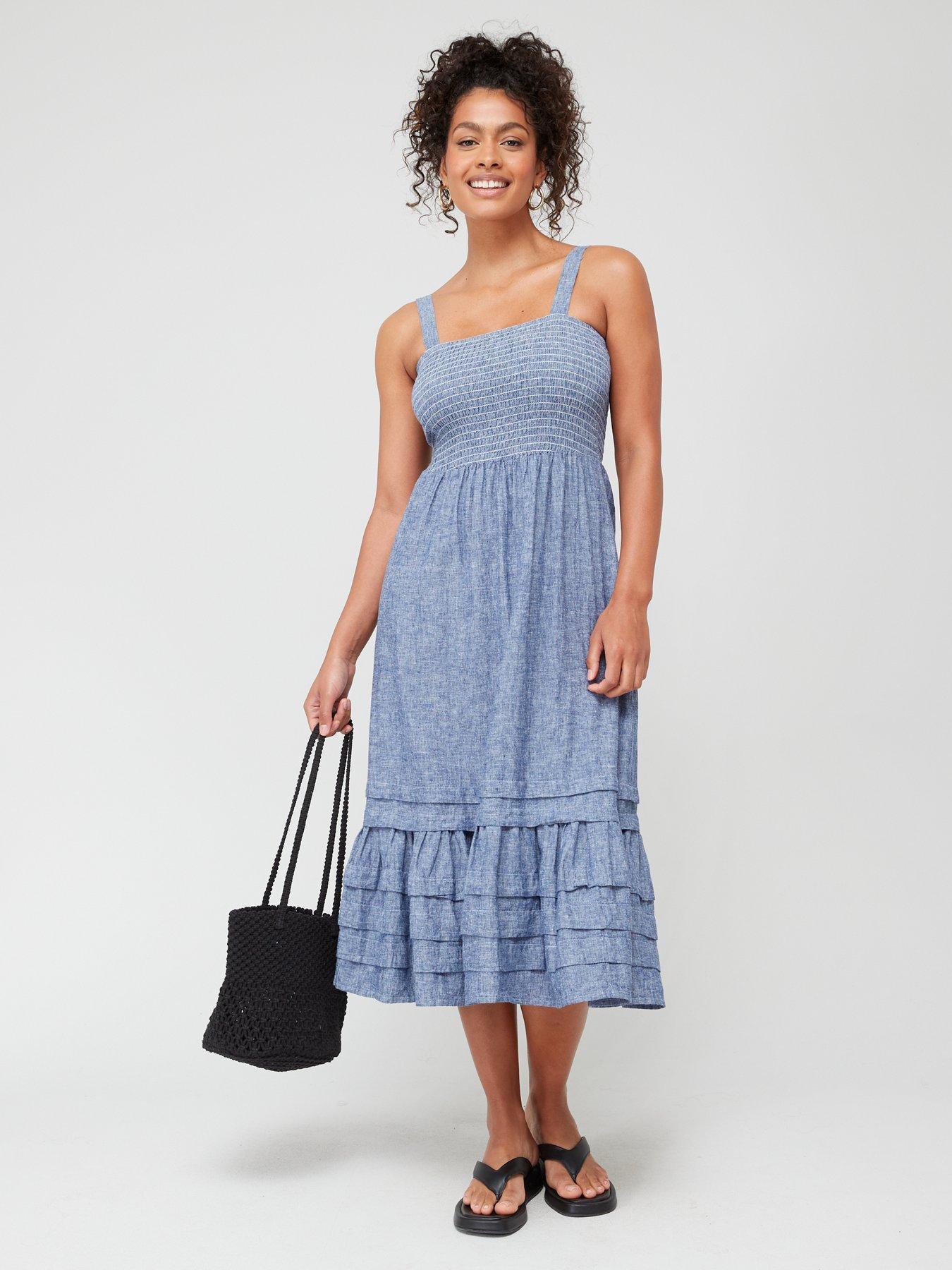 Heidi Shirred Front Tie Midi Dress in Sky Grey