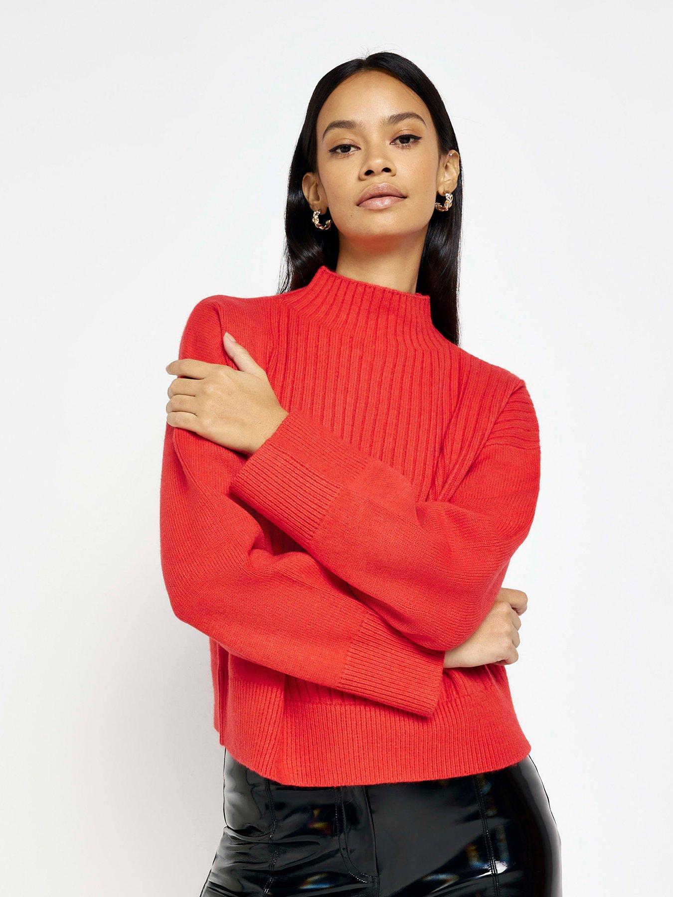 red skinny rib jumper