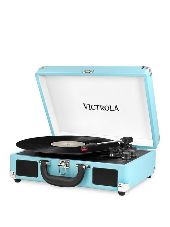 front image of victrola-journey-portable-record-player-turquoise-bluetooth-50-suitcase-turntable-with-built-in-stereo-speakers