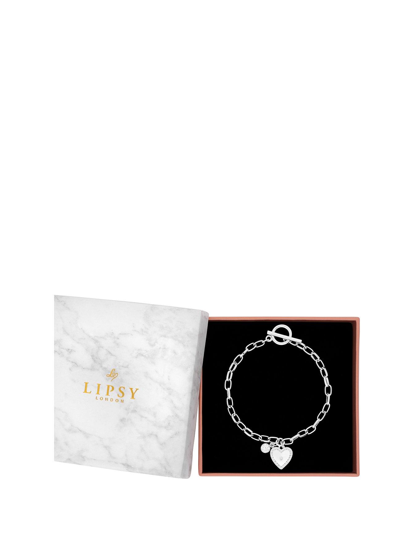 Lipsy Silver Pave Crystal Heart Charm Bracelet - Gift Boxed