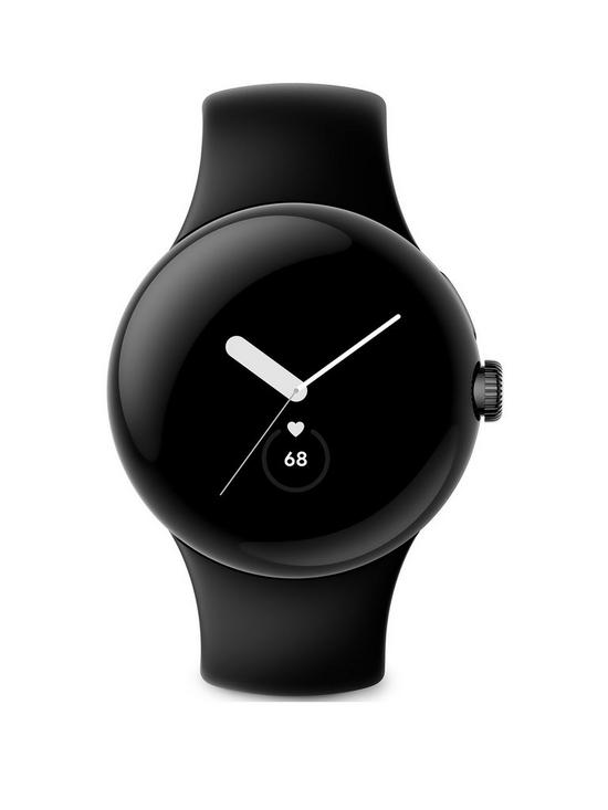 front image of google-pixel-watch-matte-black-stainless-steel-case-active-band-in-obsidian
