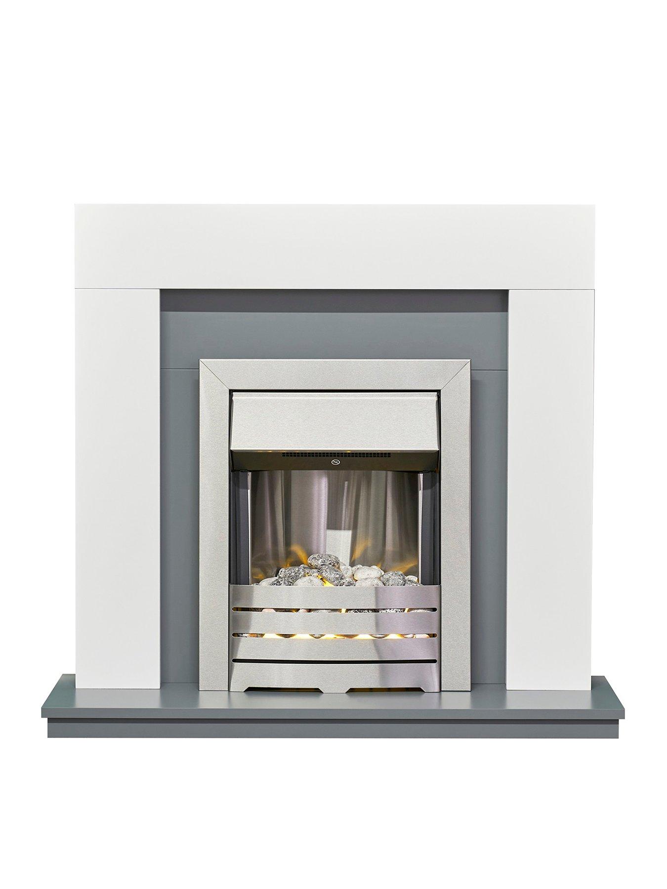 Adam Fires & Fireplaces Adam Dakota Fireplace In Pure White & Grey With Helios Electric Fire In Brushed Steel, 39 Inch