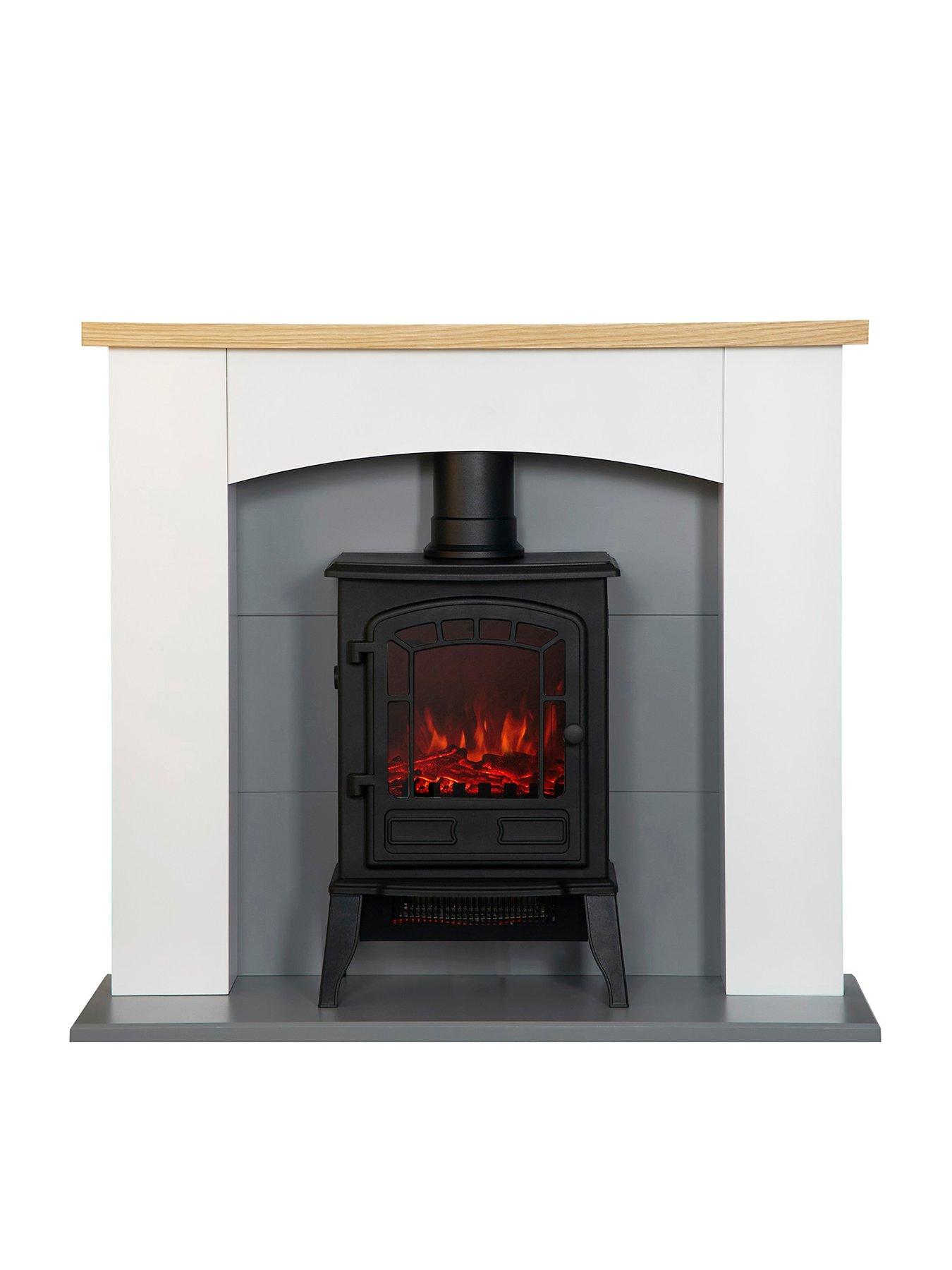 Adam Fires & Fireplaces Adam Huxley In Pure White & Grey With Sureflame Ripon Electric Stove In Black, 39 Inch