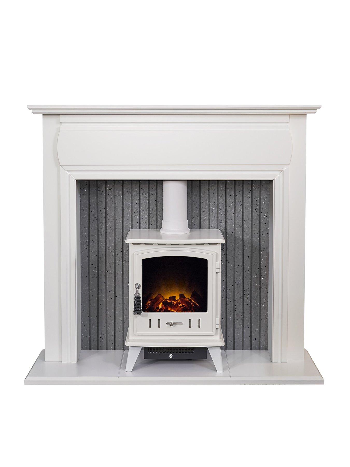 Product photograph of Adam Fires Fireplaces Adam Florence Stove Fireplace In Pure White With Aviemore Electric Stove In White Enamel 48 Inch from very.co.uk