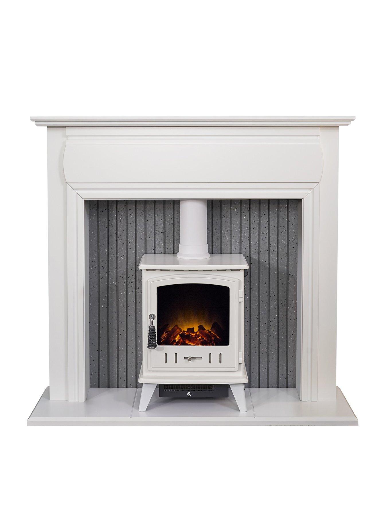 Adam Fires & Fireplaces Adam Florence Stove Fireplace in Pure White with Aviemore Electric Stove in White Enamel, 48 Inch