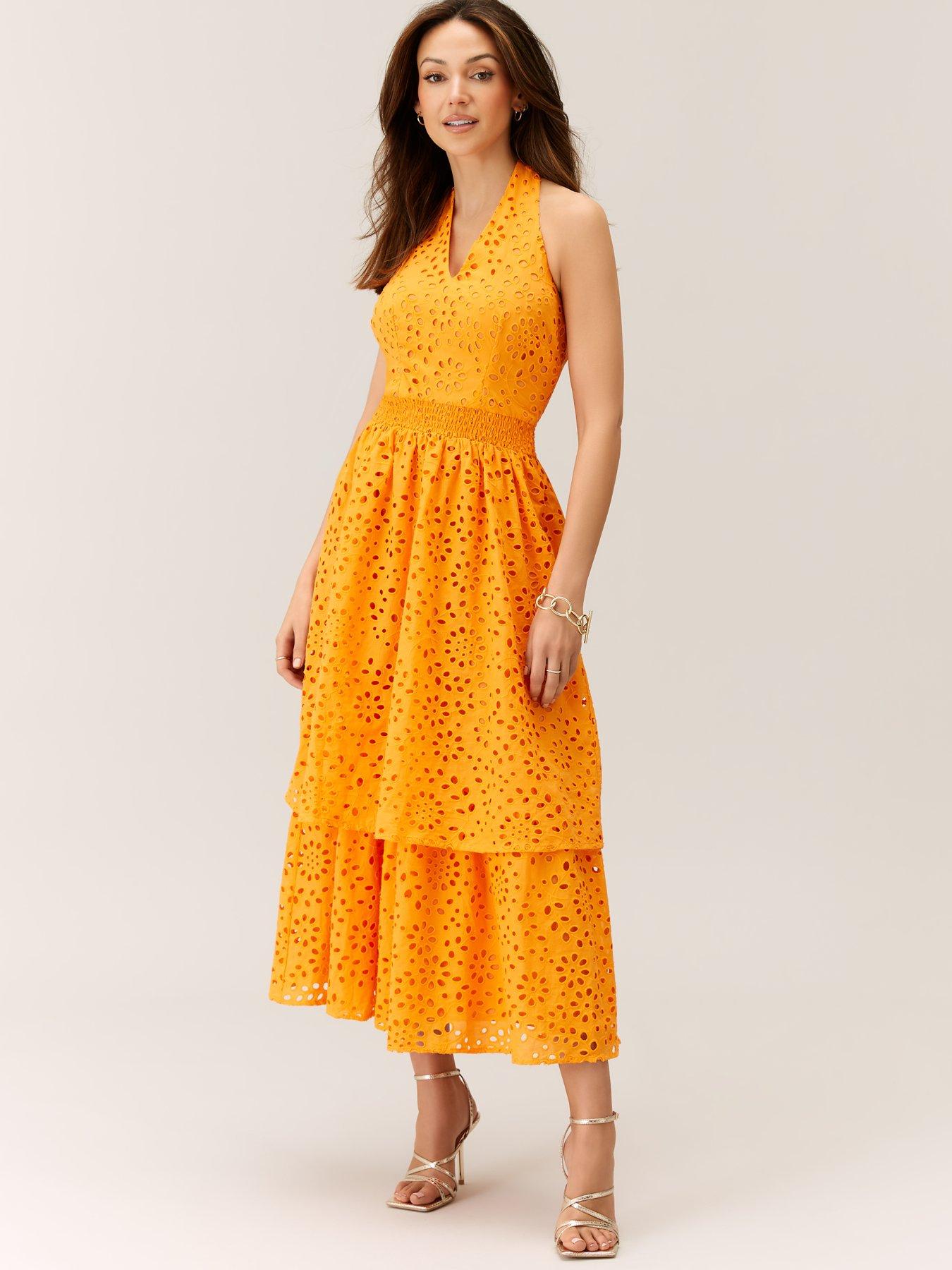 Michelle Keegan Halter Broderie Tiered Midi Dress Orange