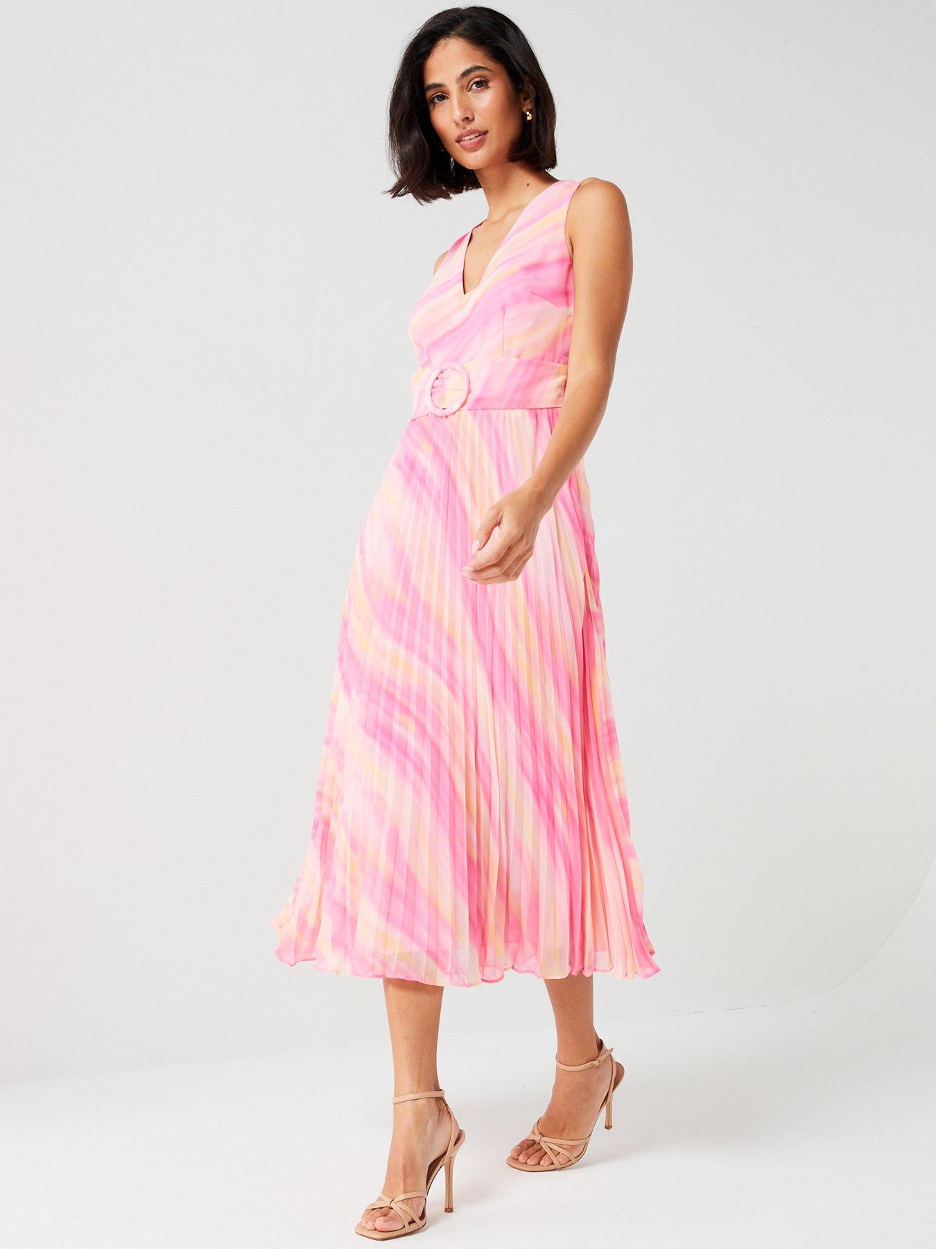 Image 3 of 6 of V by Very Belted Pleated Skirt Printed Midi Dress - Multi