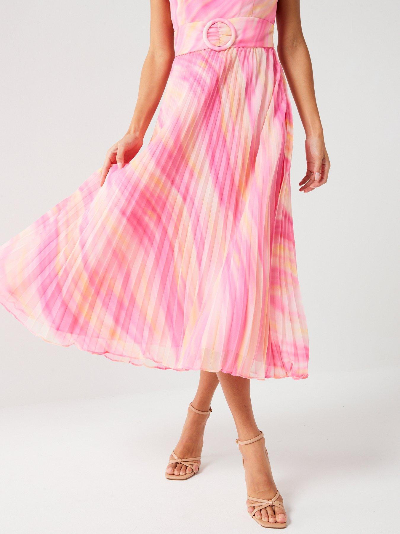 Image 5 of 6 of V by Very Belted Pleated Skirt Printed Midi Dress - Multi