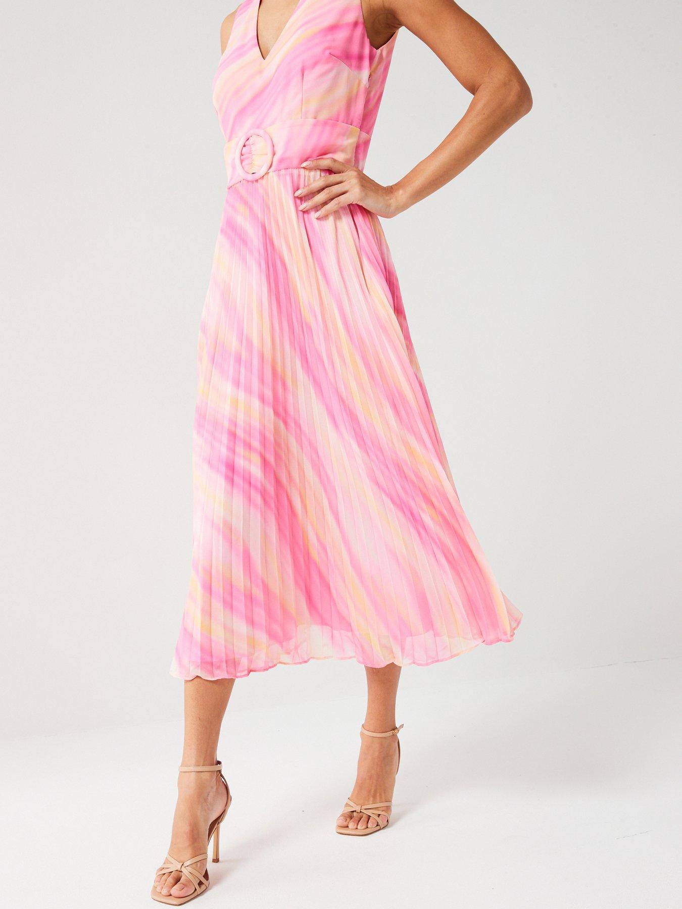 Image 6 of 6 of V by Very Belted Pleated Skirt Printed Midi Dress - Multi