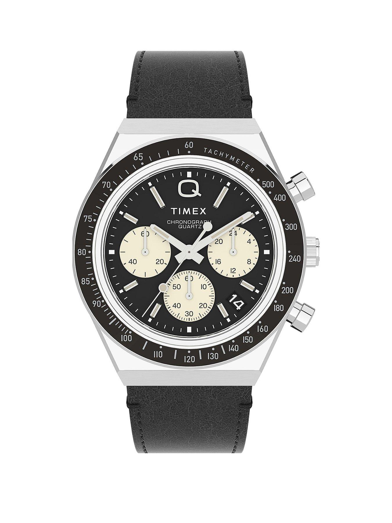 Product photograph of Timex Q Diver Leather Men S Chronograph Watch from very.co.uk